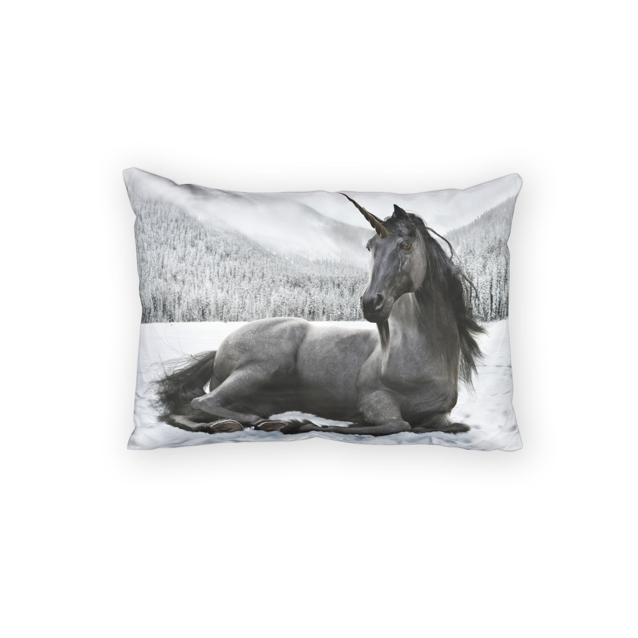 Unicorn in Snow Cotton Pillow Sham — Gray Fantasy Horse Decorative Cushion Cover