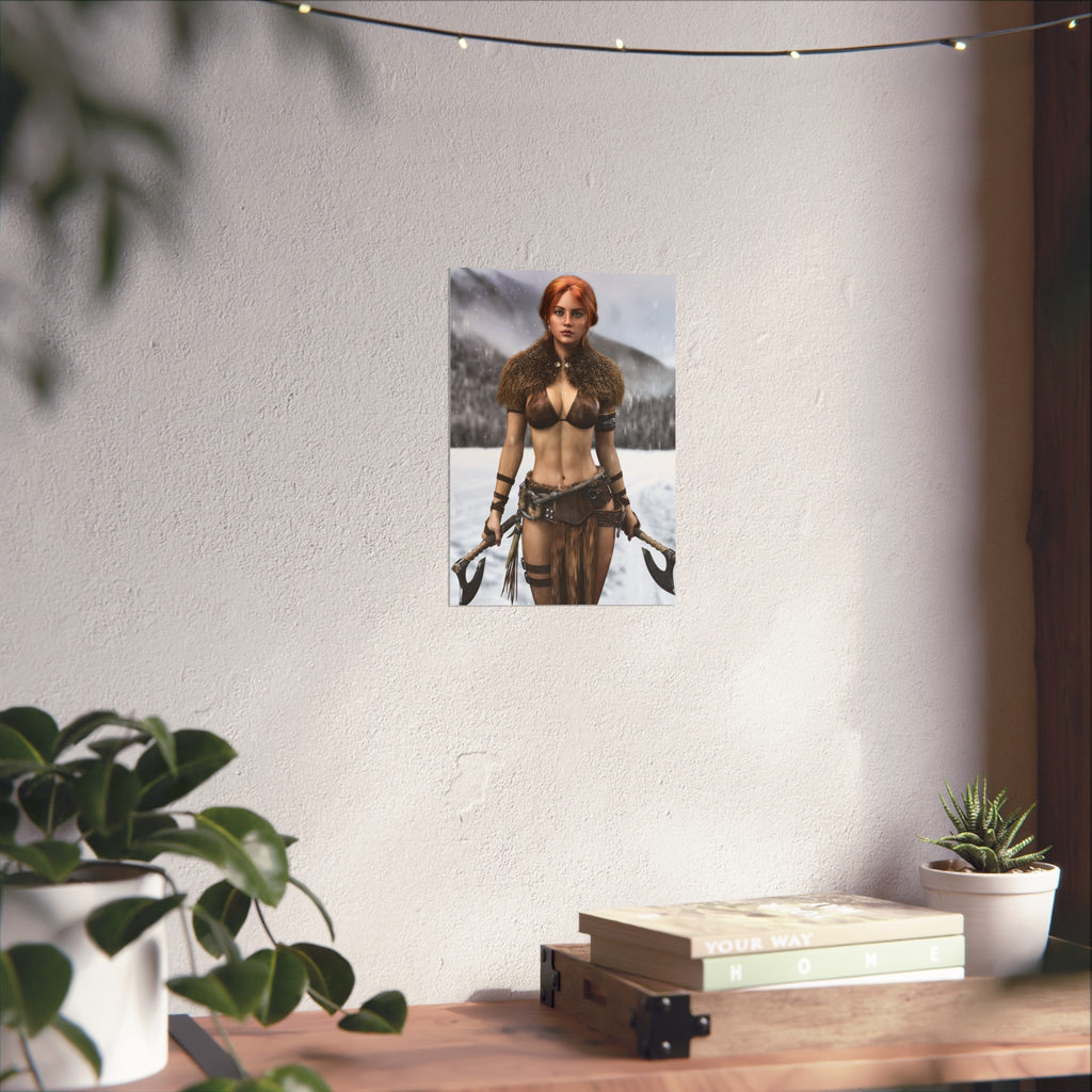 Viking Warrior Woman Fine Art Poster — Red-Haired Norse Axe Fighter Print
