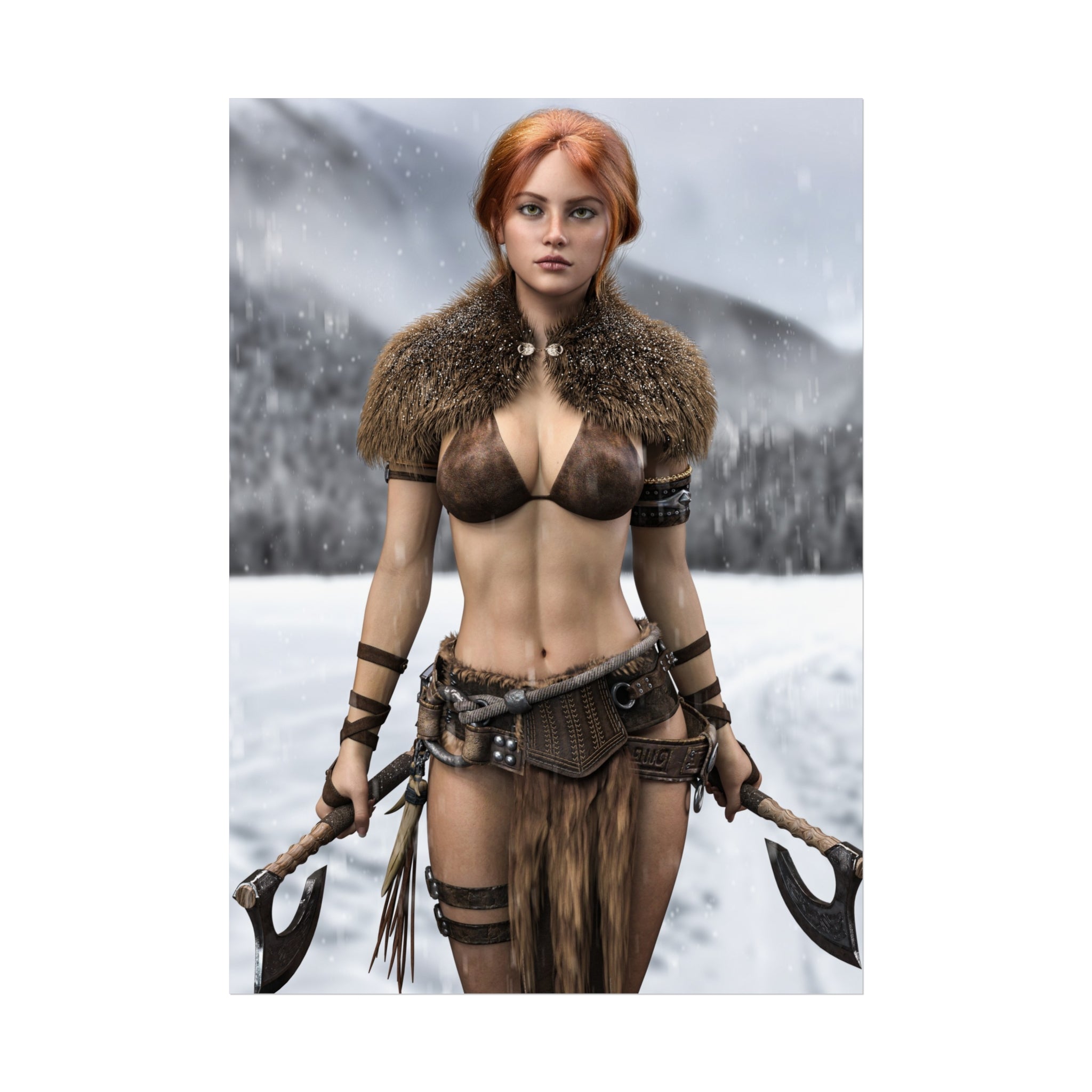 Viking Warrior Woman Fine Art Poster — Red-Haired Norse Axe Fighter Print