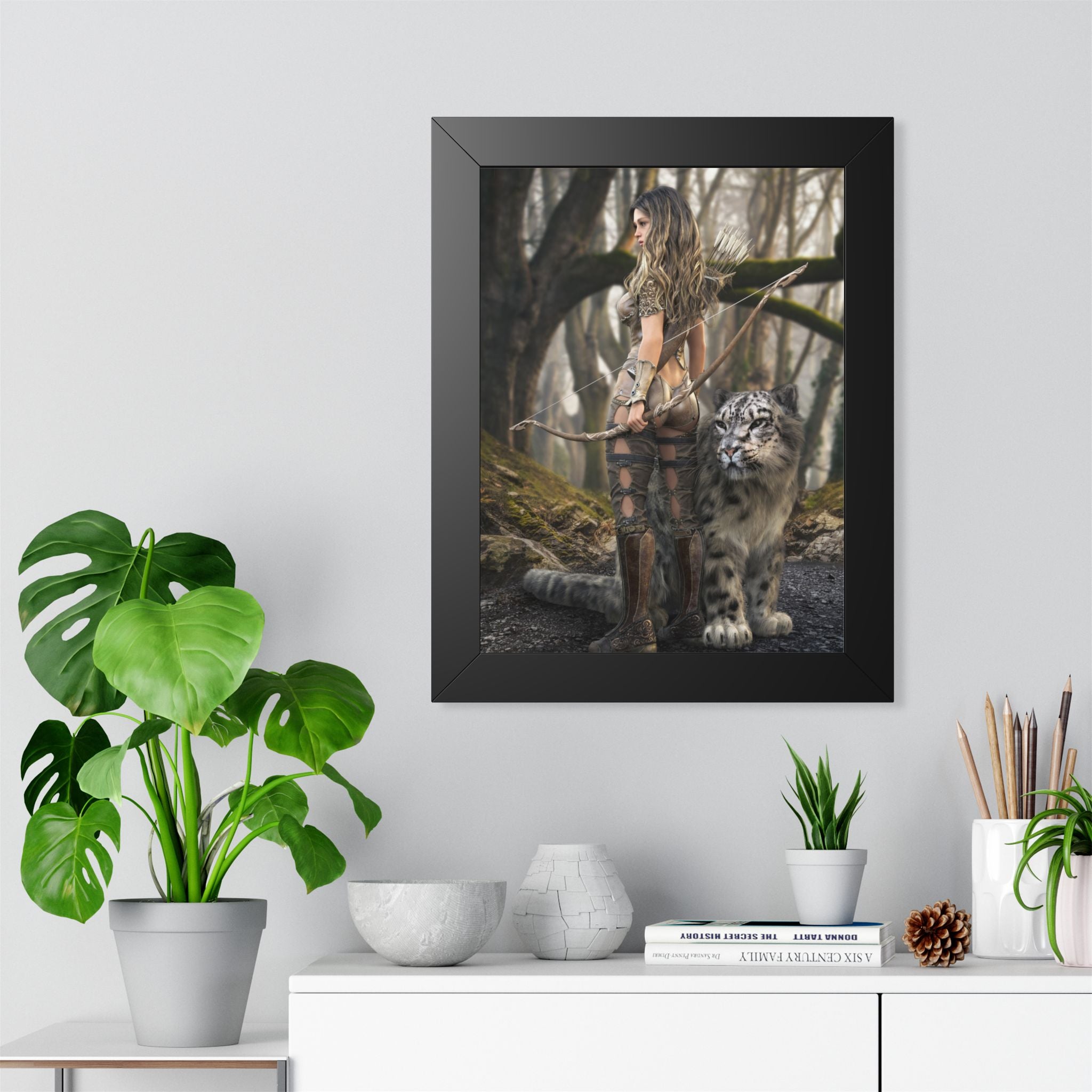 Framed Poster — Forest Huntress with Leopard Fantasy Art