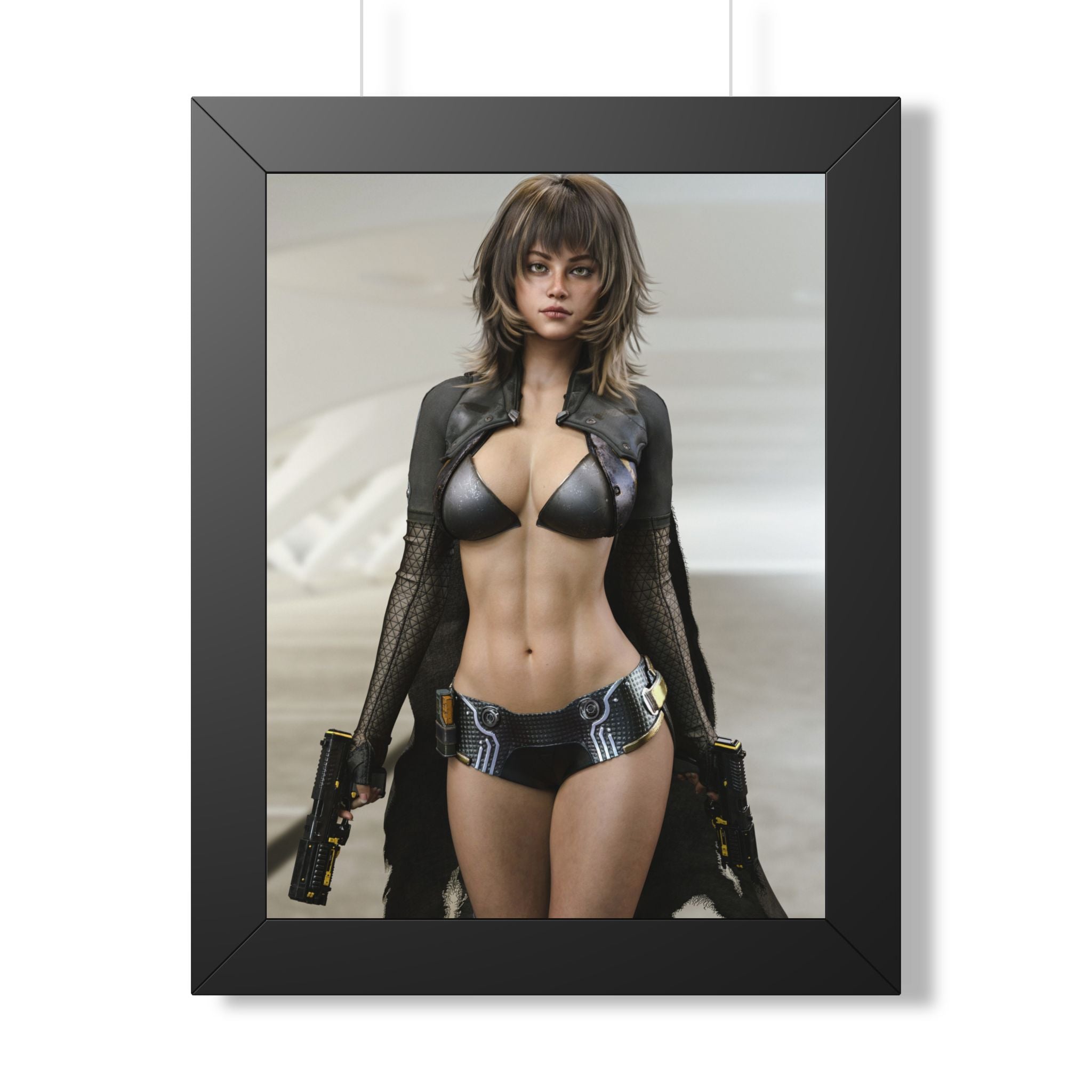 Framed Poster — Futuristic Female Warrior Art Print- No AI - Human created illustration art