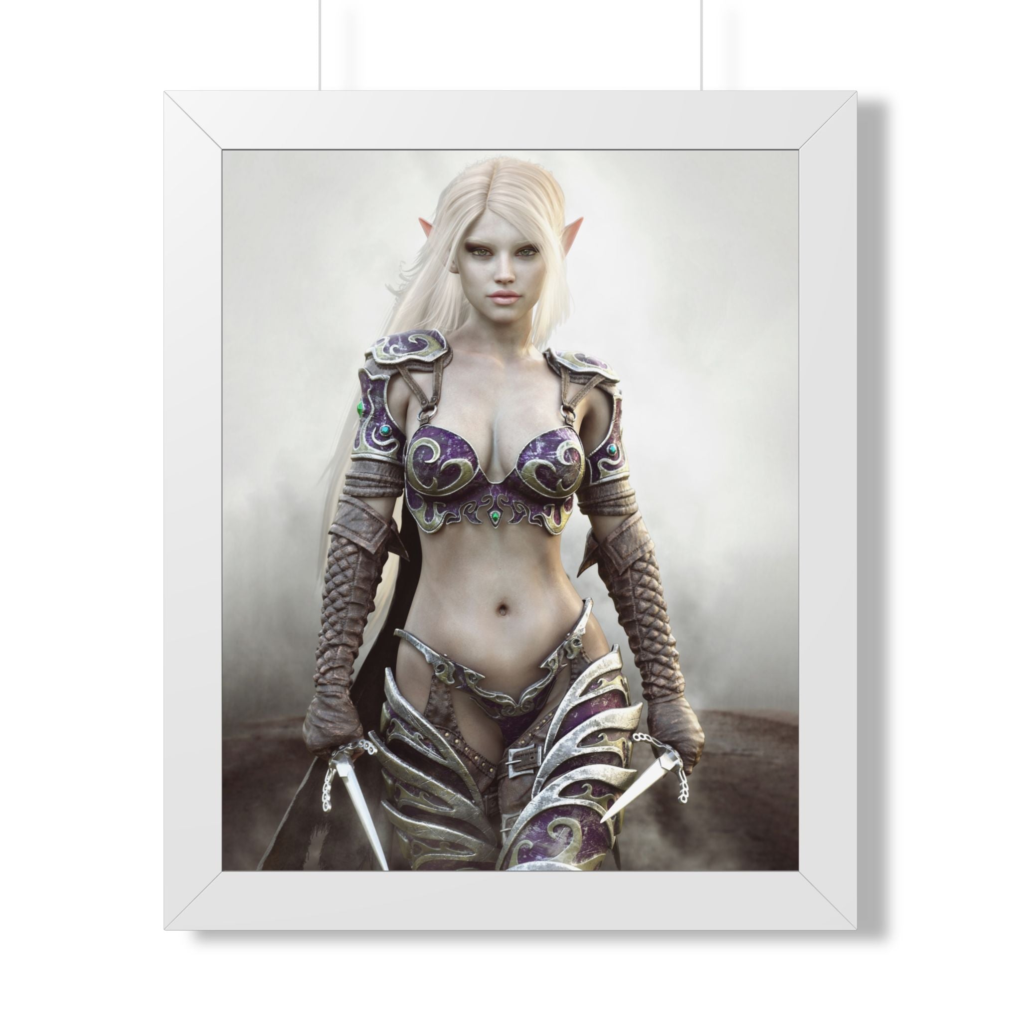 Framed Poster — Fantasy Dark Elf Elven Warrior Art Print - No AI- Human created illustration art