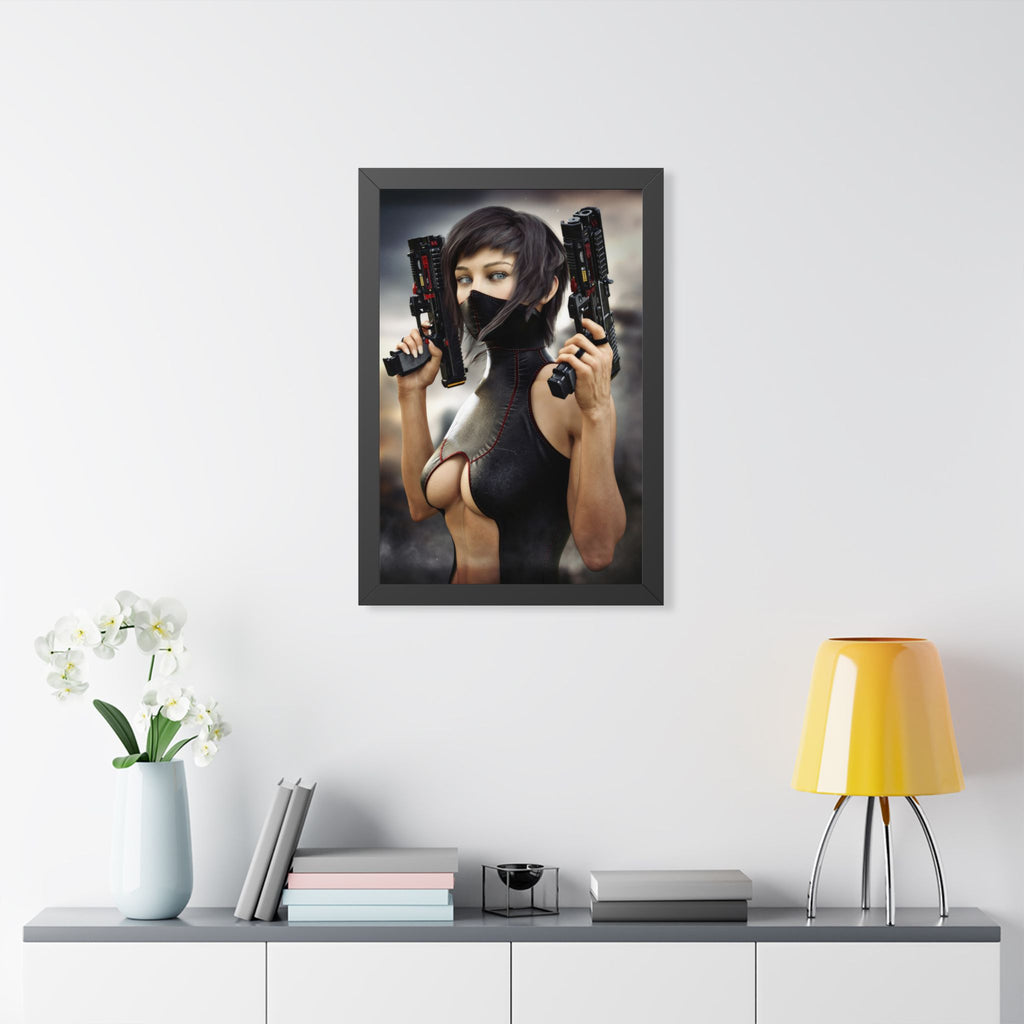 Framed Poster — Cyberpunk Female Assassin Art Print - No AI - Human created illustration art