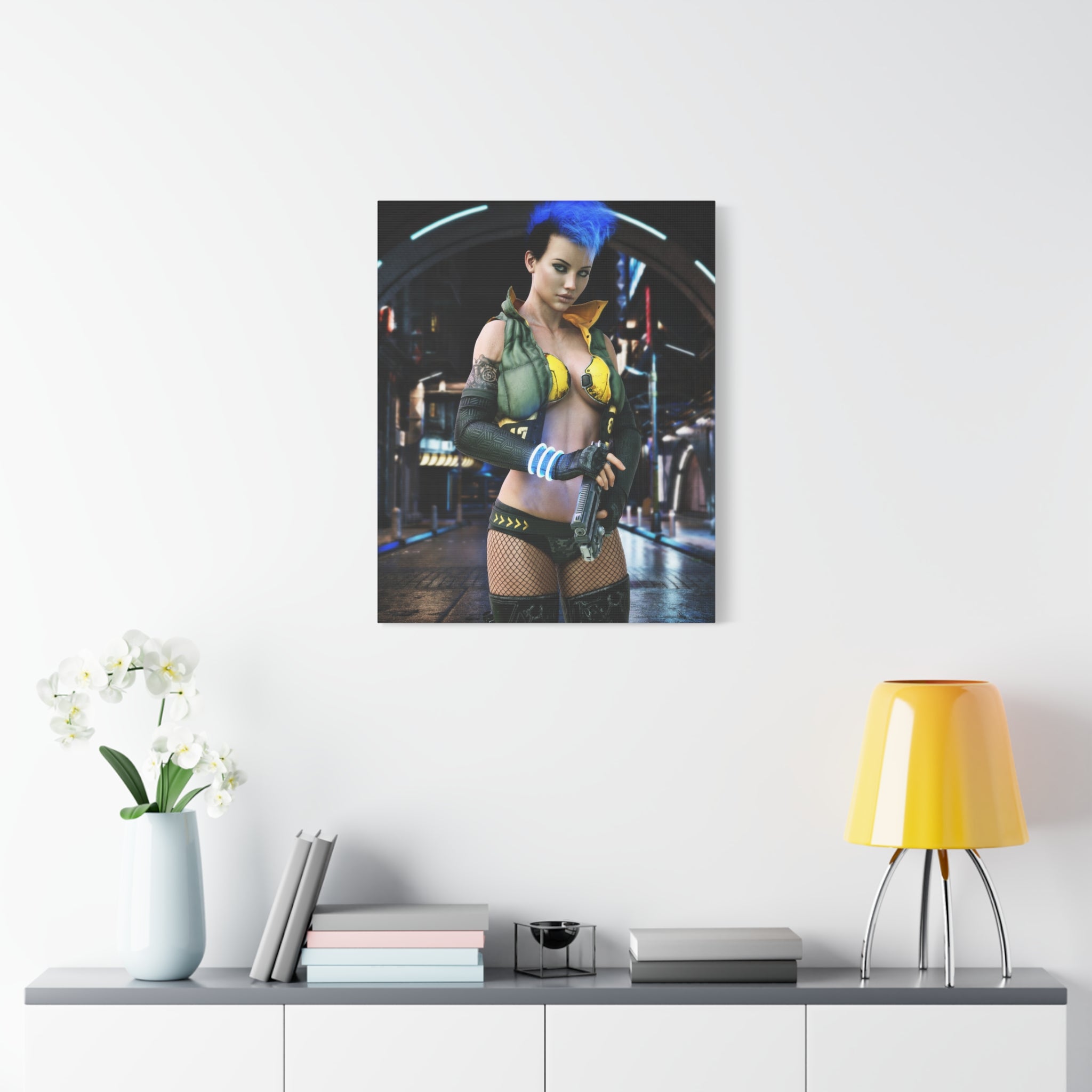 Cyberpunk Femme Fatale Canvas Print — Matte Stretched Wall Art -No AI- Human created illustration art