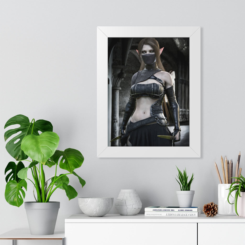 Framed Poster — Dark Fantasy Elf Assassin Wall Art (Vertical)