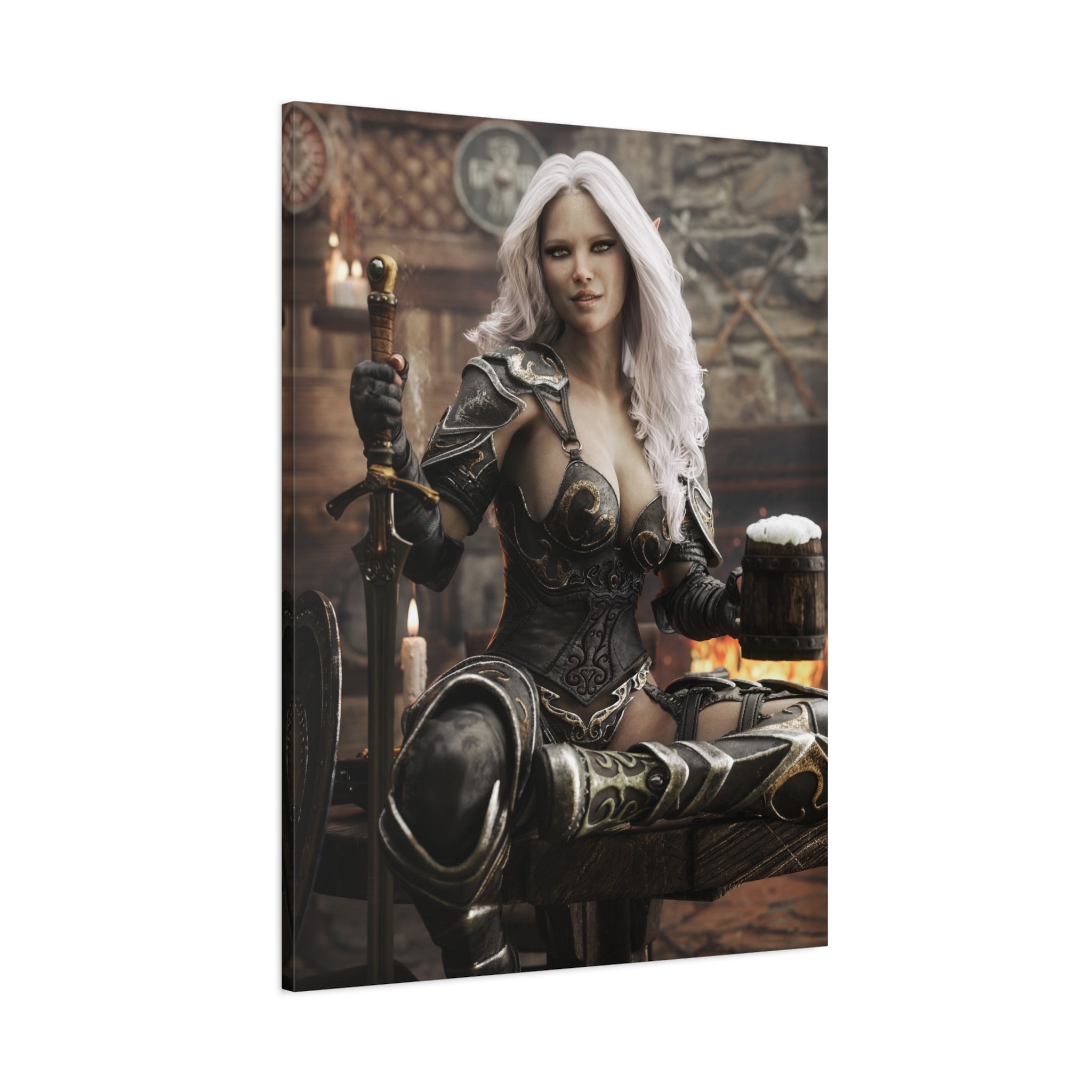 Fantasy Warrior Woman Canvas Print — Armored Dark elf in Tavern Portrait-No AI- Human created illustration art