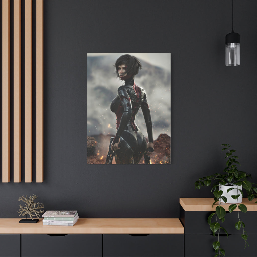 Sci‑Fi Warrior Matte Canvas Print — Futuristic Female Soldier Wall Art- No AI - Human created illustration art