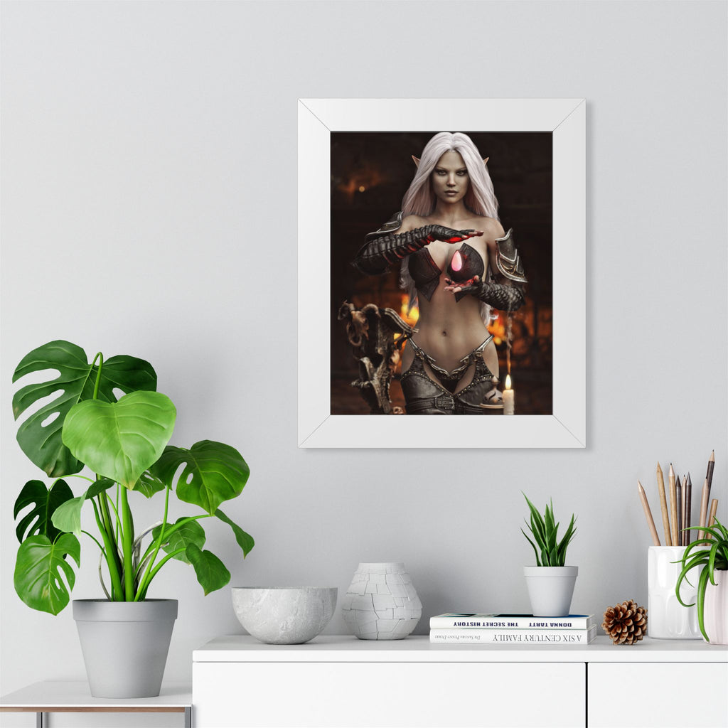 Framed Poster — Dark Fantasy Elf Sorceress with Glowing Orb- NO AI - Human made illustration