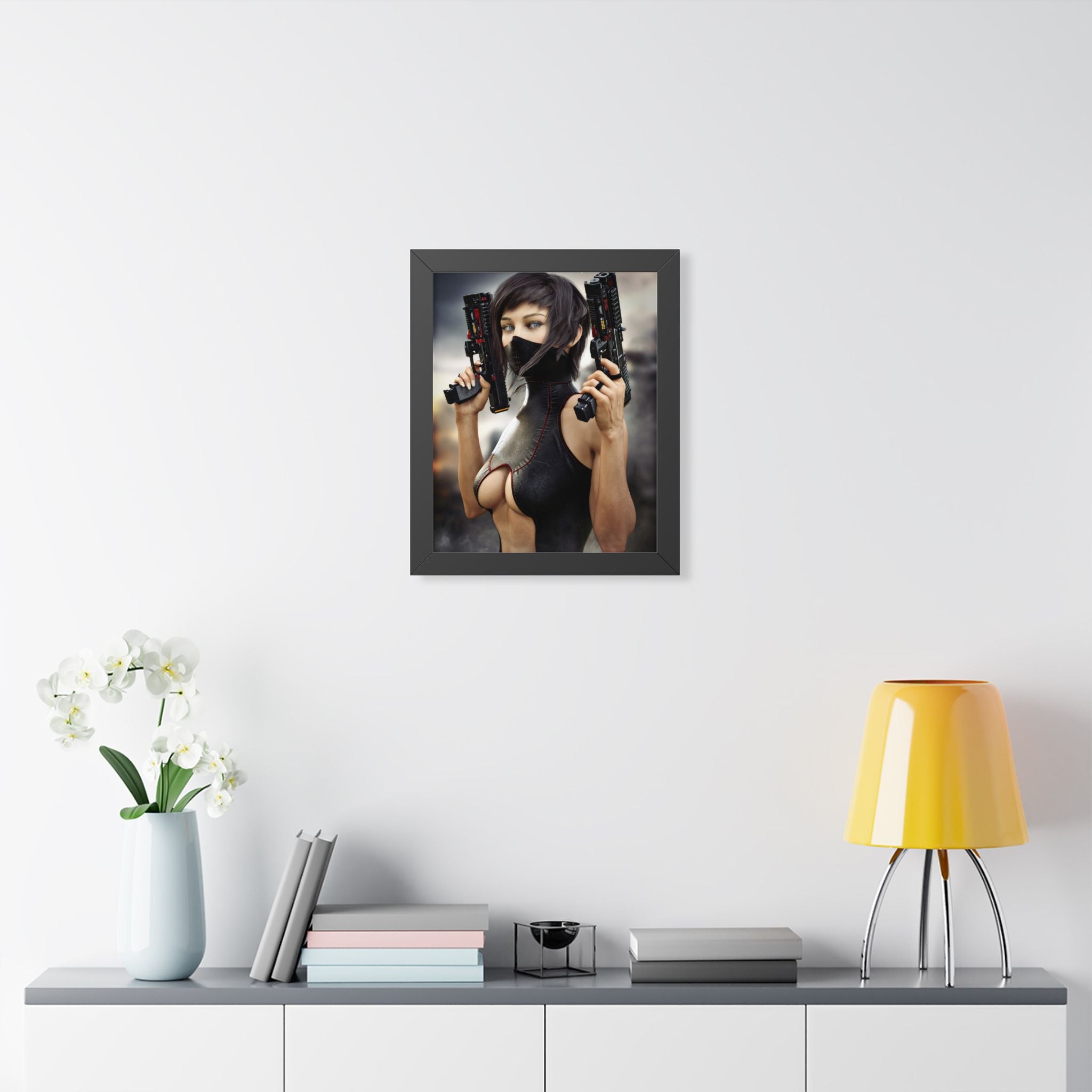 Framed Poster — Cyberpunk Female Assassin Art Print - No AI - Human created illustration art