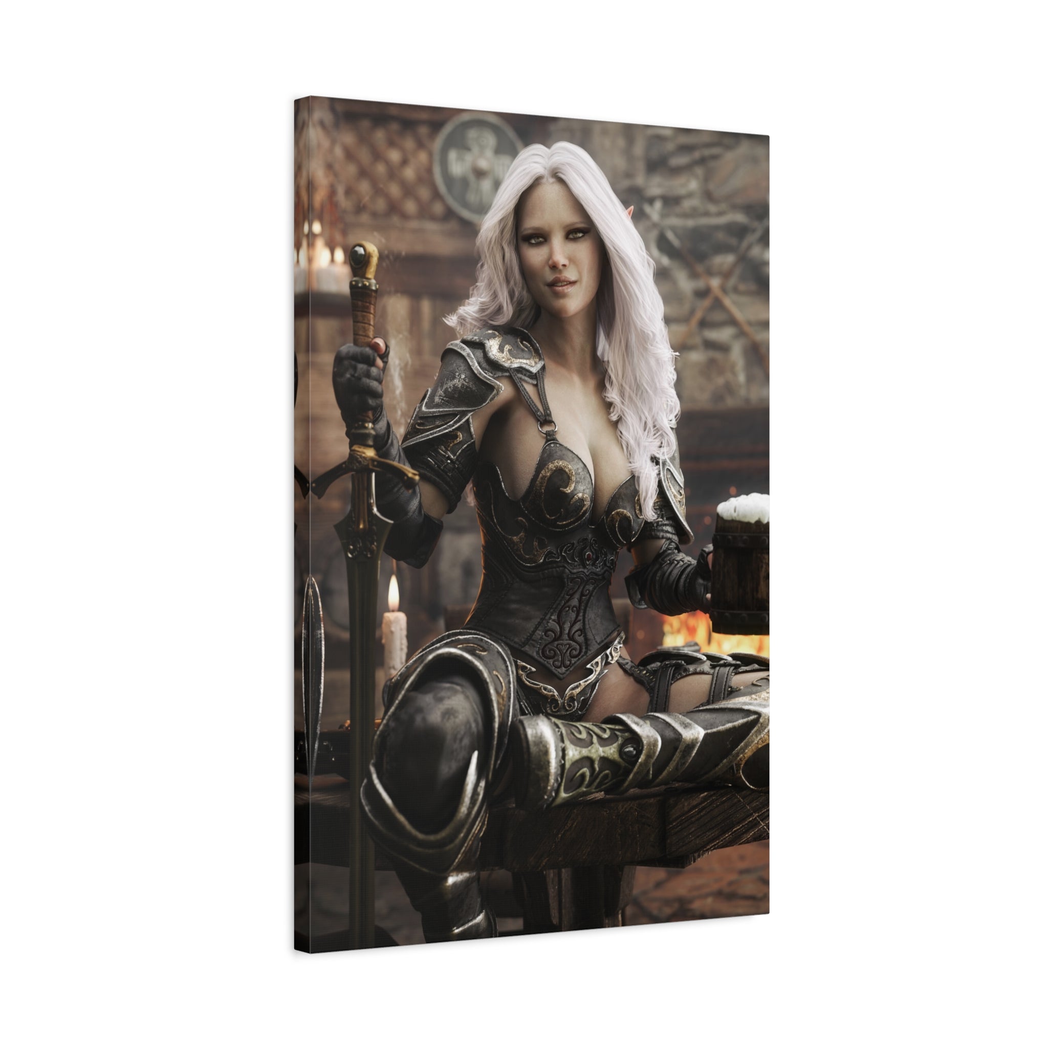 Fantasy Warrior Woman Canvas Print — Armored Dark elf in Tavern Portrait-No AI- Human created illustration art