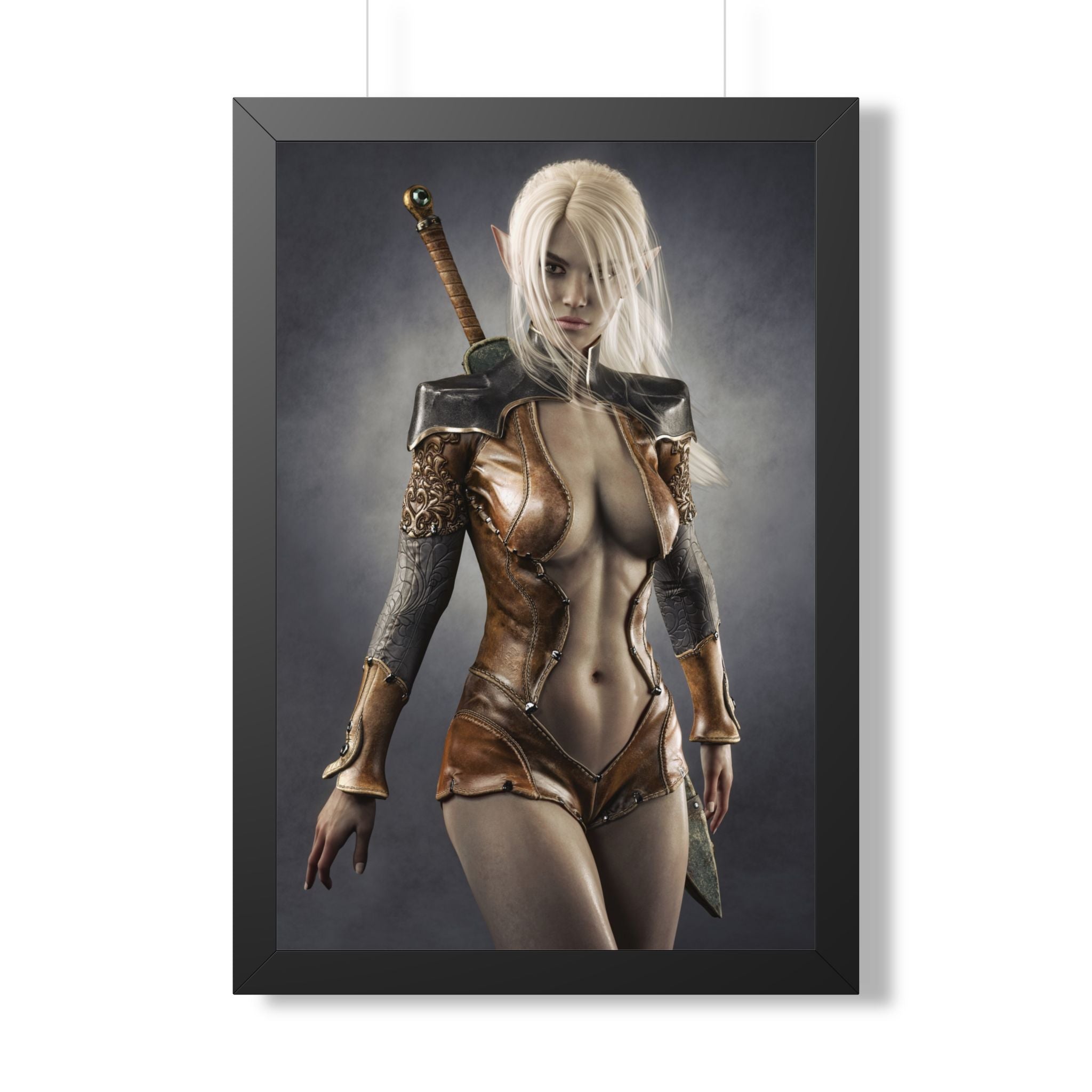 Póster enmarcado — Lámina artística de mujer guerrera fantástica (vertical) - Sin IA - Ilustración creada por humanos
