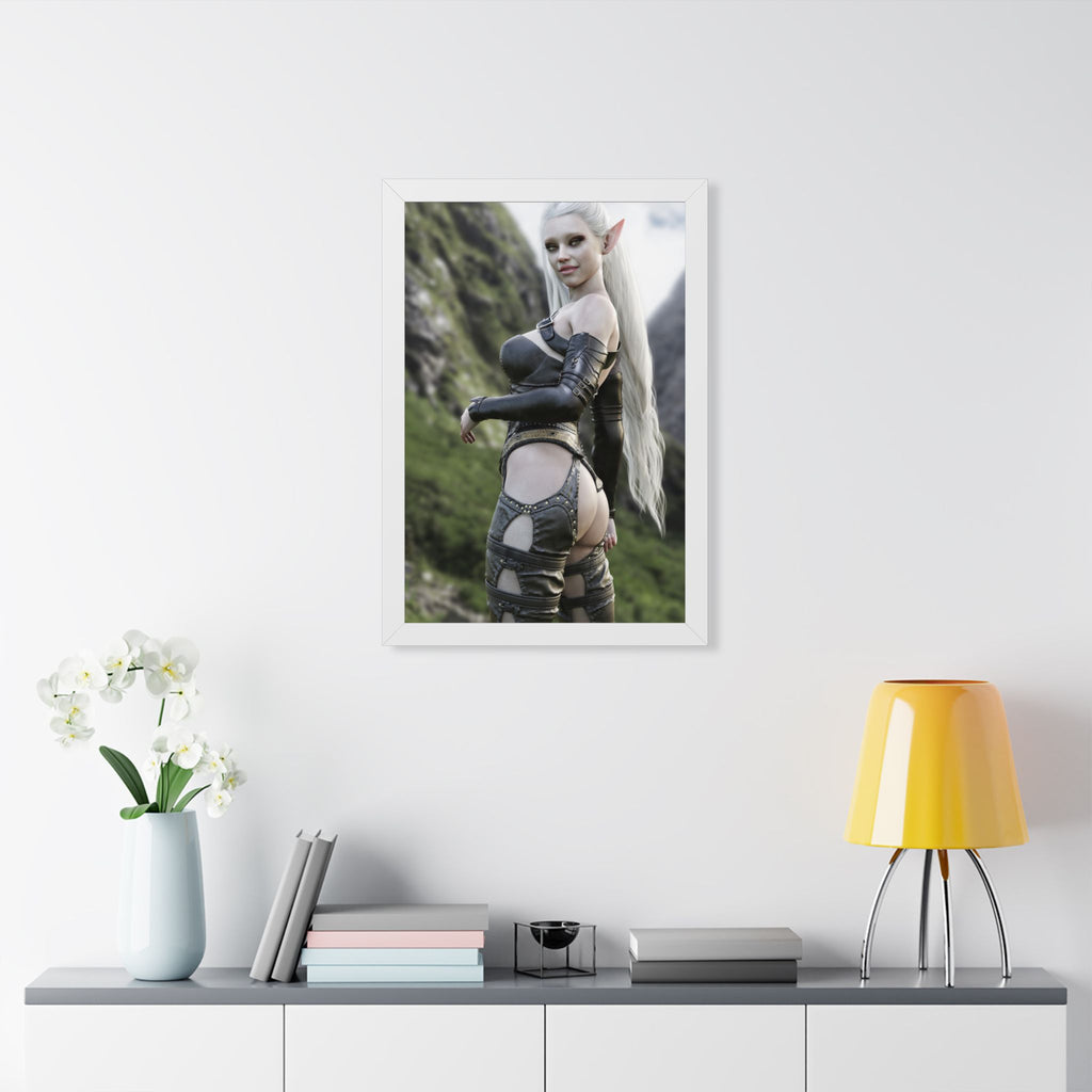 Póster Guerrera Elfa — Lámina Vertical Fantasía Enmarcada - No IA - Ilustración de arte creada por humanos.