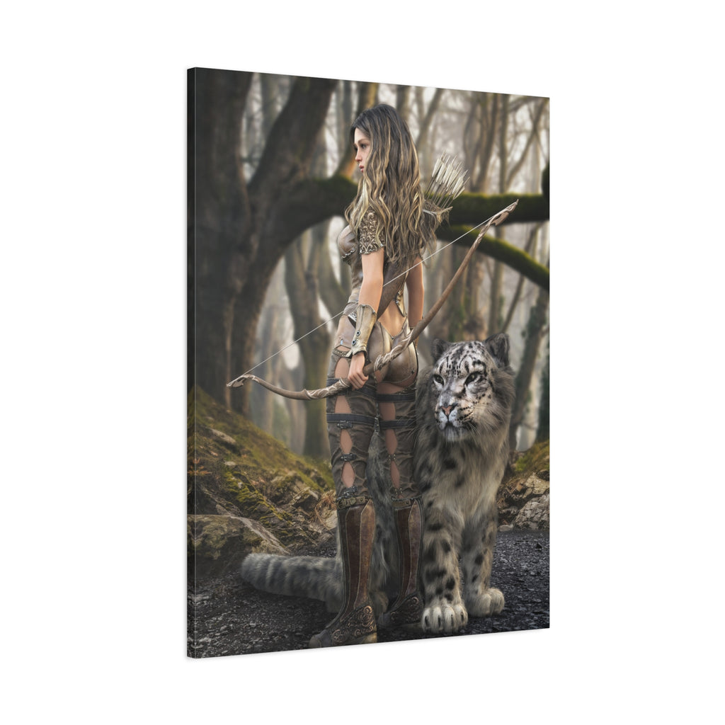 Fantasy Archer Warrior with  Leopard - Matte Stretched Canvas Wall Art - No ai - human created illustration art