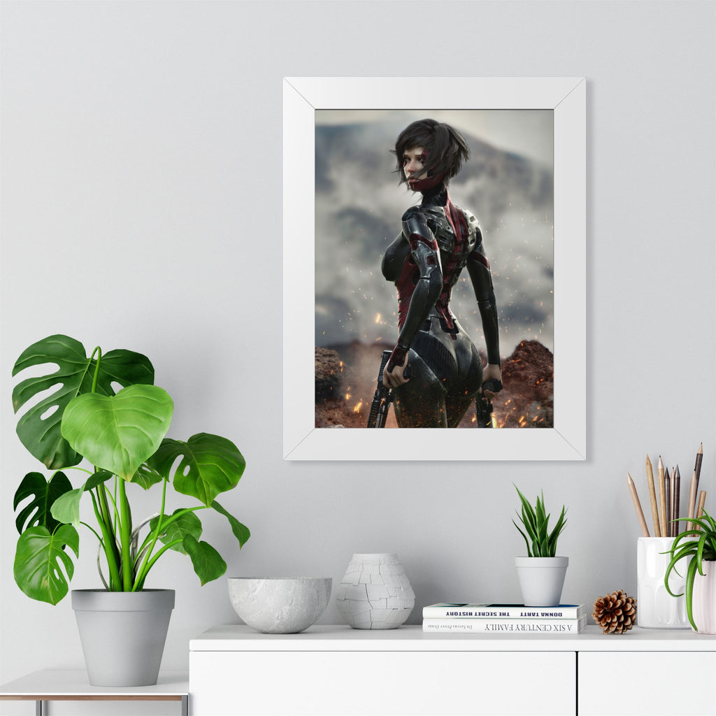 Framed Poster — Futuristic Sci‑Fi Female Warrior Art Print- No AI - Human created illustration art