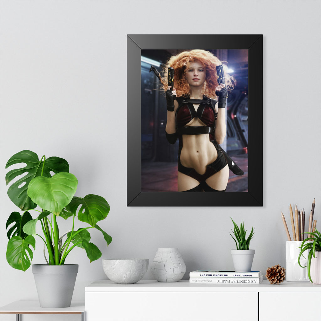 Sci‑Fi Femme Fatale Framed Poster — Cyberpunk Redhead with Dual Blasters- No AI- Human created illustration art