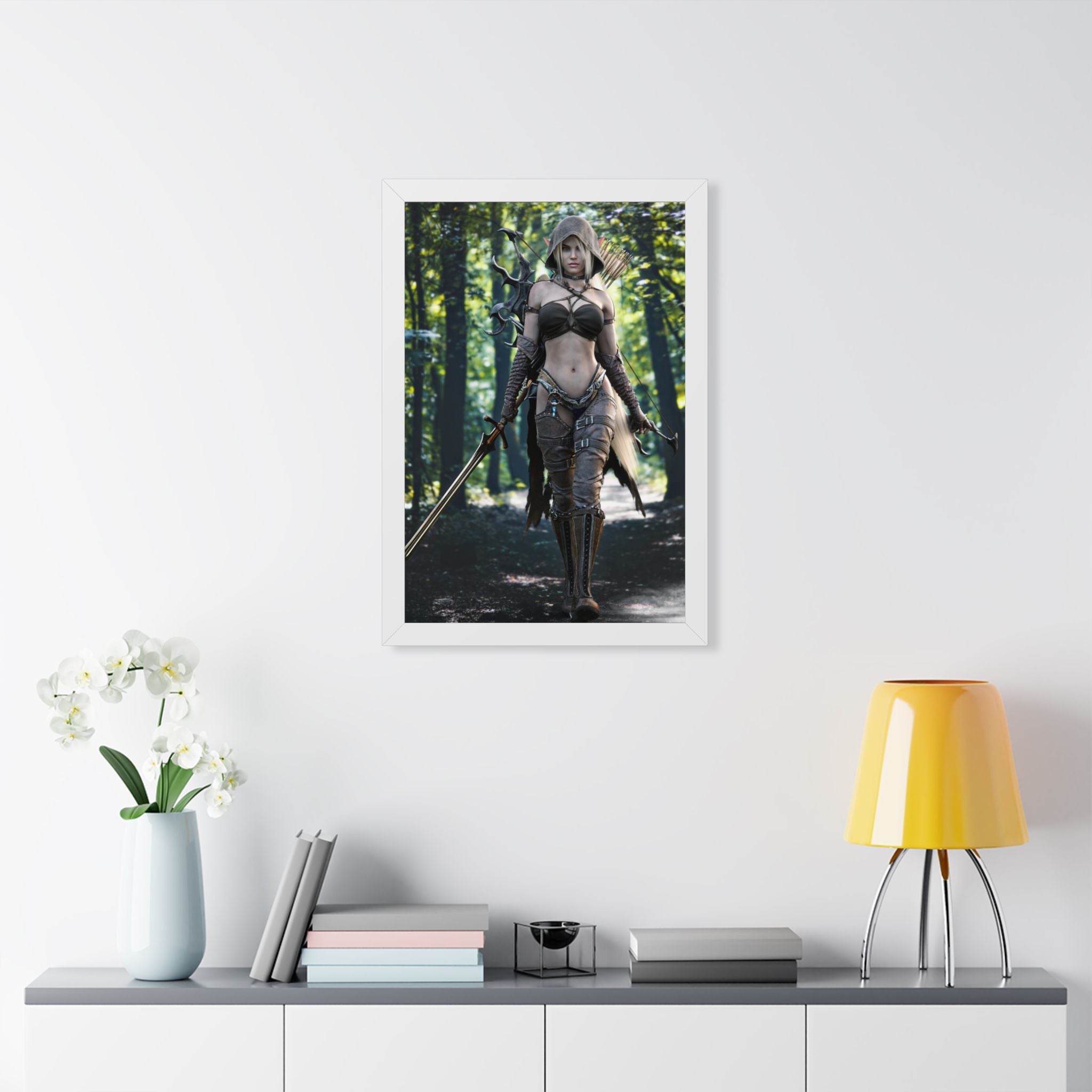 Framed Poster — Fantasy Forest Female Warrior Art Print- No AI- Human created illustration art