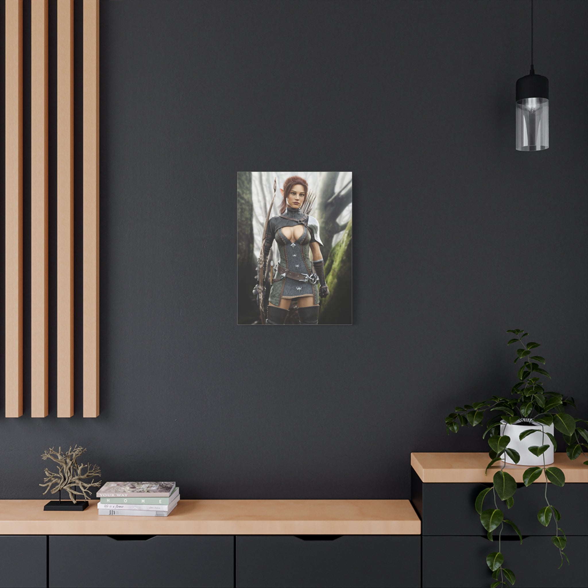 Fantasy Wood Elf Archer Warrior Canvas Print — Matte Stretched Wall Art - No Ai - human created illustration art