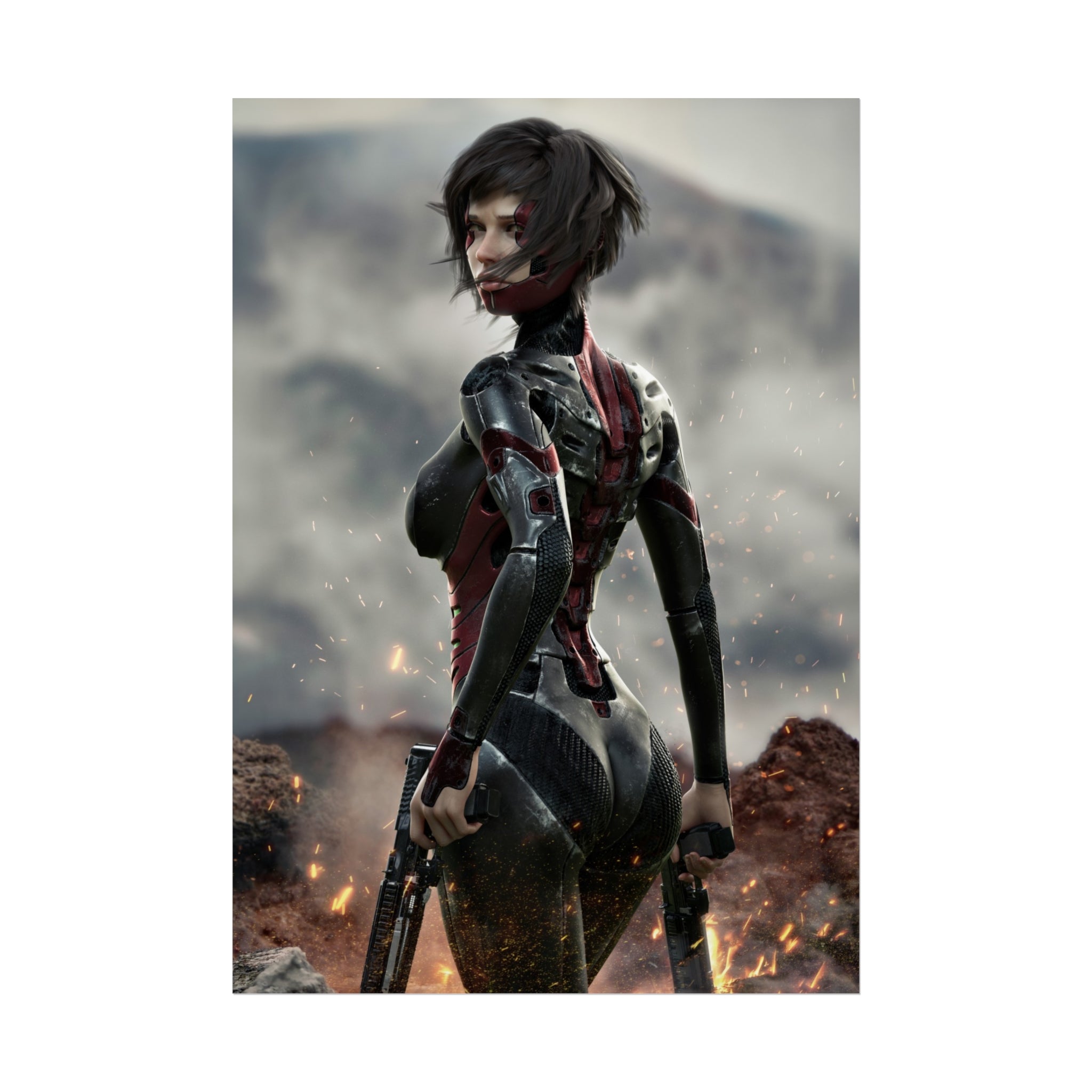 Póster de arte fino de guerrera de ciencia ficción — Arte de pared de soldado cibernética femenina - Sin IA - Arte ilustrativo creado por humanos