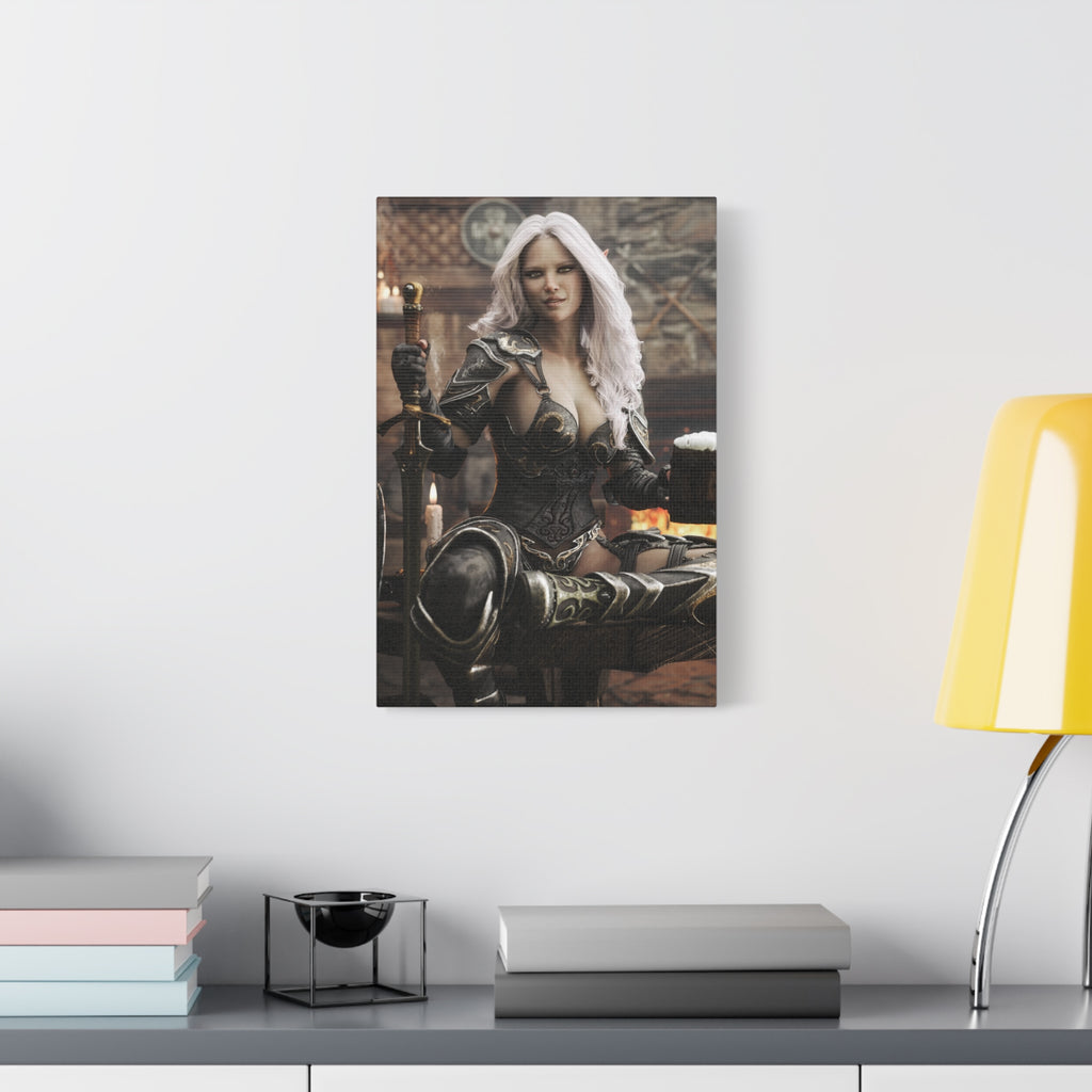 Fantasy Warrior Woman Canvas Print — Armored Dark elf in Tavern Portrait-No AI- Human created illustration art