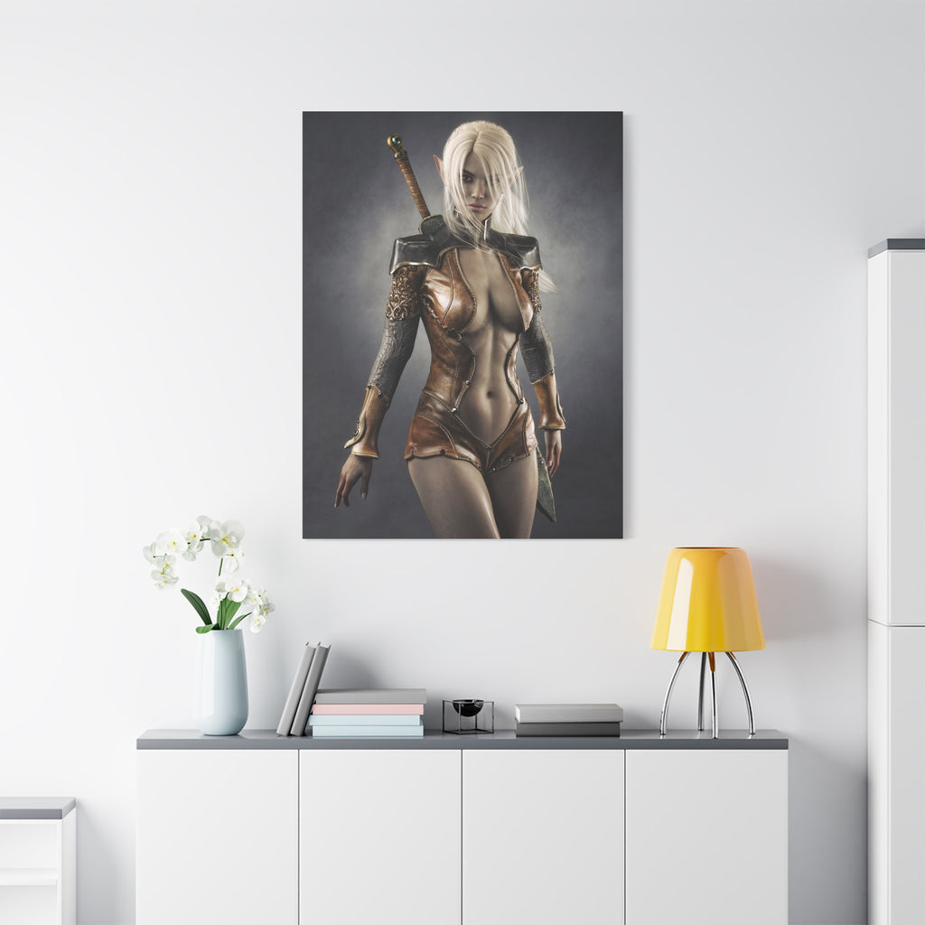 Fantasy Warrior Elf Canvas Print — Sexy Female Swordfighter Matte Stretched Art- No AI- Human created illuration art