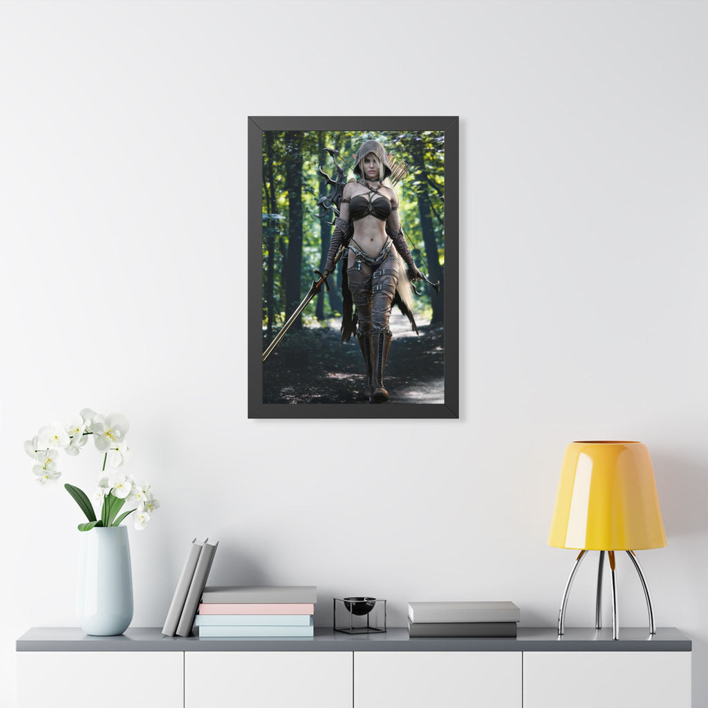 Framed Poster — Fantasy Forest Female Warrior Art Print- No AI- Human created illustration art