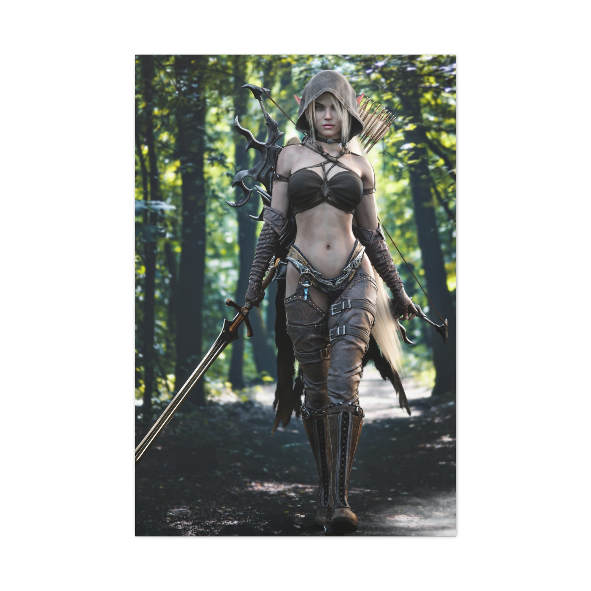 Fantasy Archer Warrior Canvas Print — Female Ranger Wall Art (Matte Stretched) - No Ai - Human created illustration art