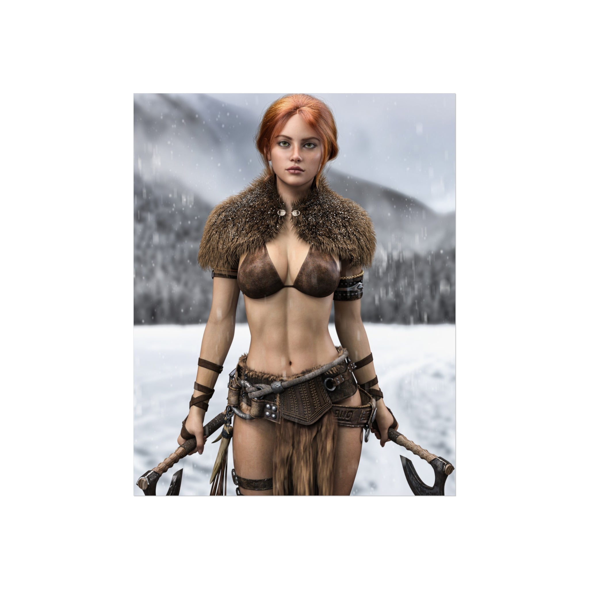 Viking Warrior Woman Fine Art Poster — Red-Haired Norse Axe Fighter Print