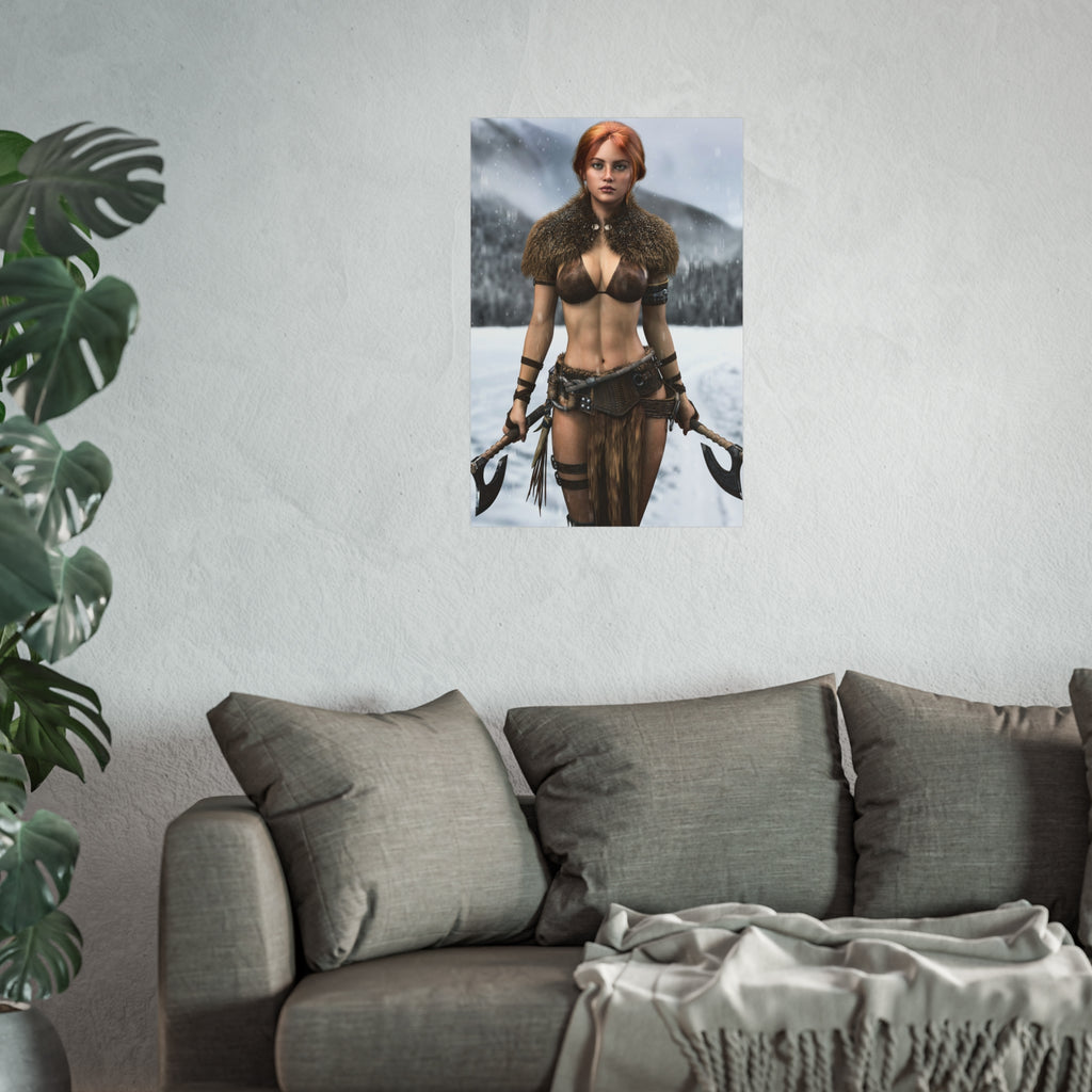 Viking Warrior Woman Fine Art Poster — Red-Haired Norse Axe Fighter Print