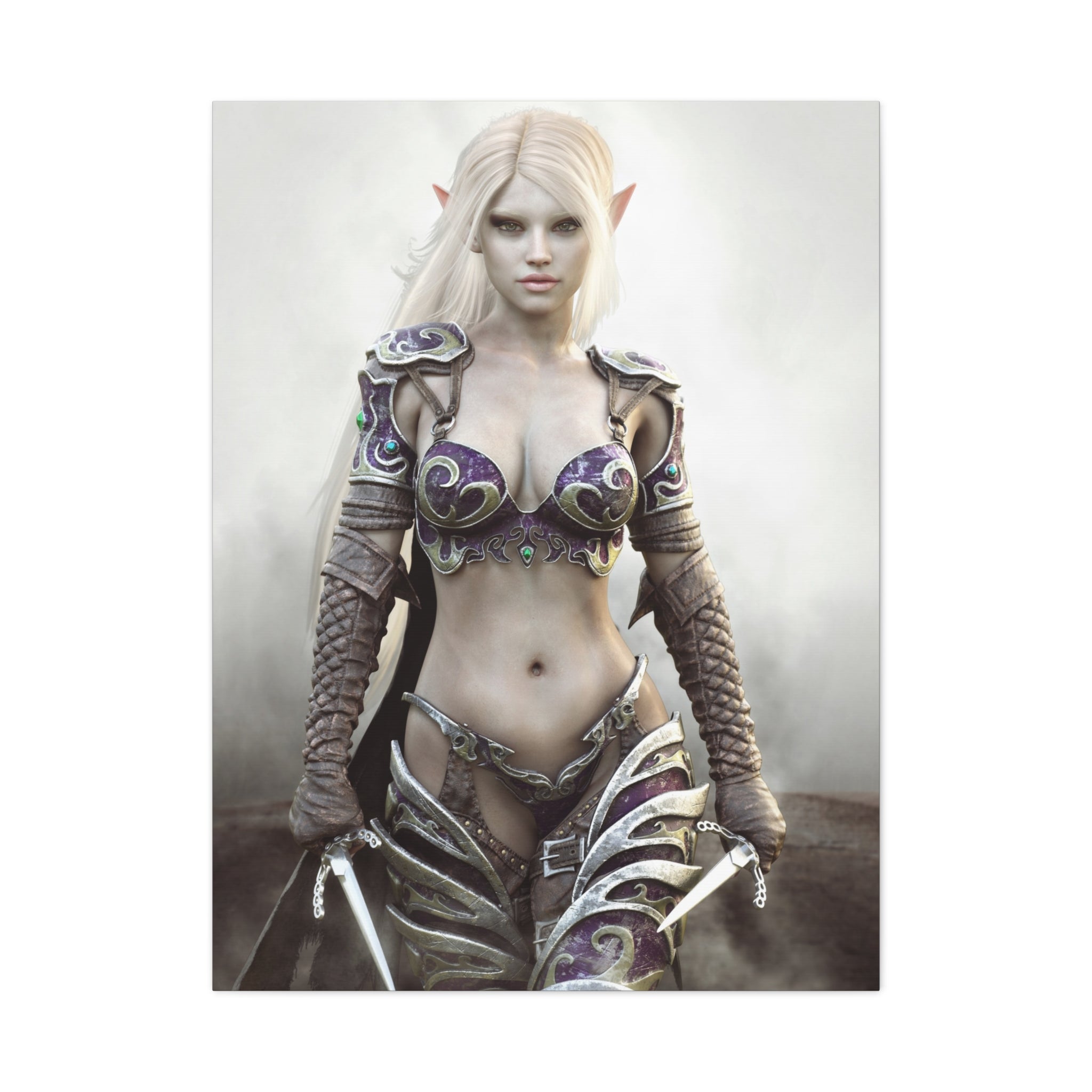 Dark Elf Warrior Fantasy Canvas Print — Matte Stretched Wall Art - No AI- Human created illustration art