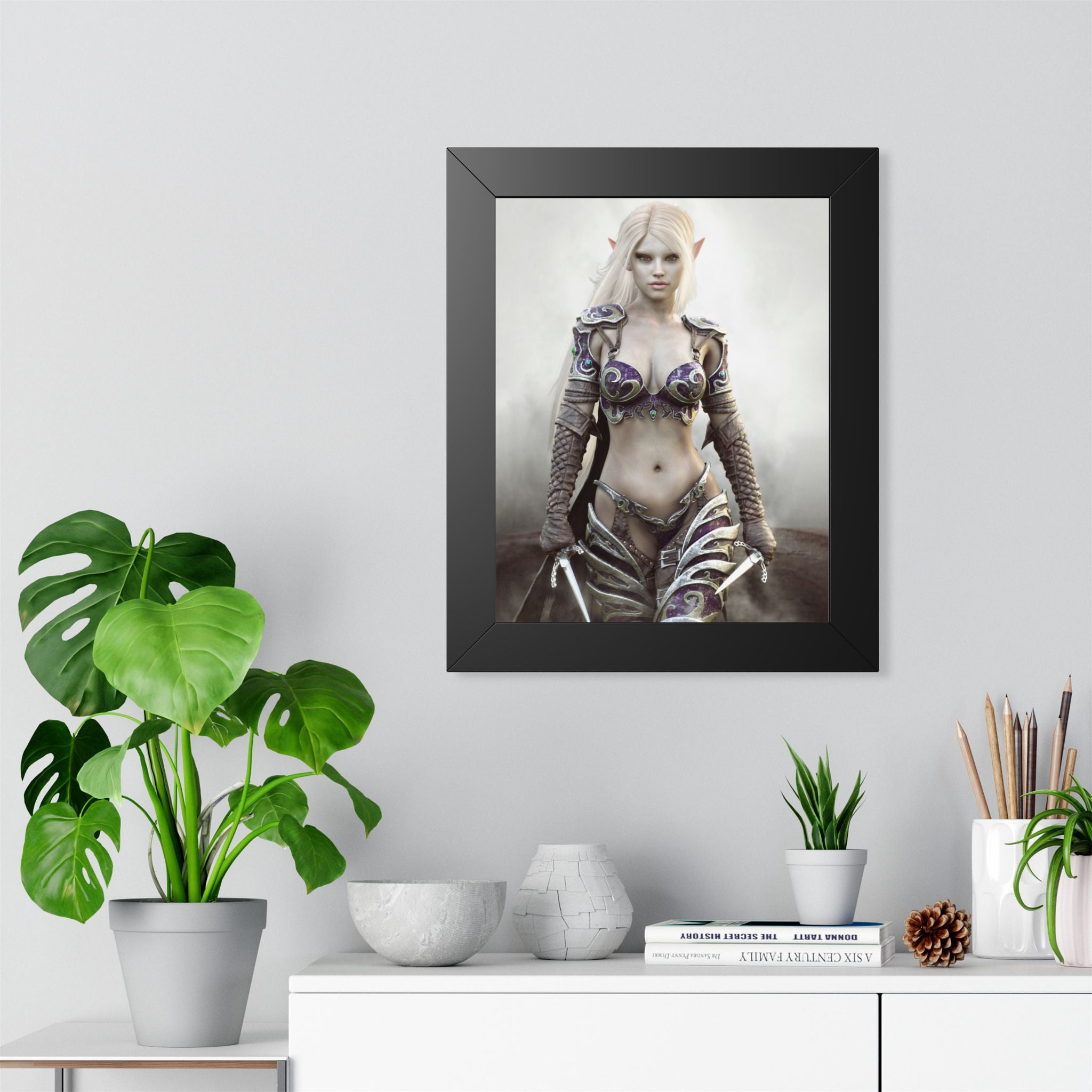 Framed Poster — Fantasy Dark Elf Elven Warrior Art Print - No AI- Human created illustration art