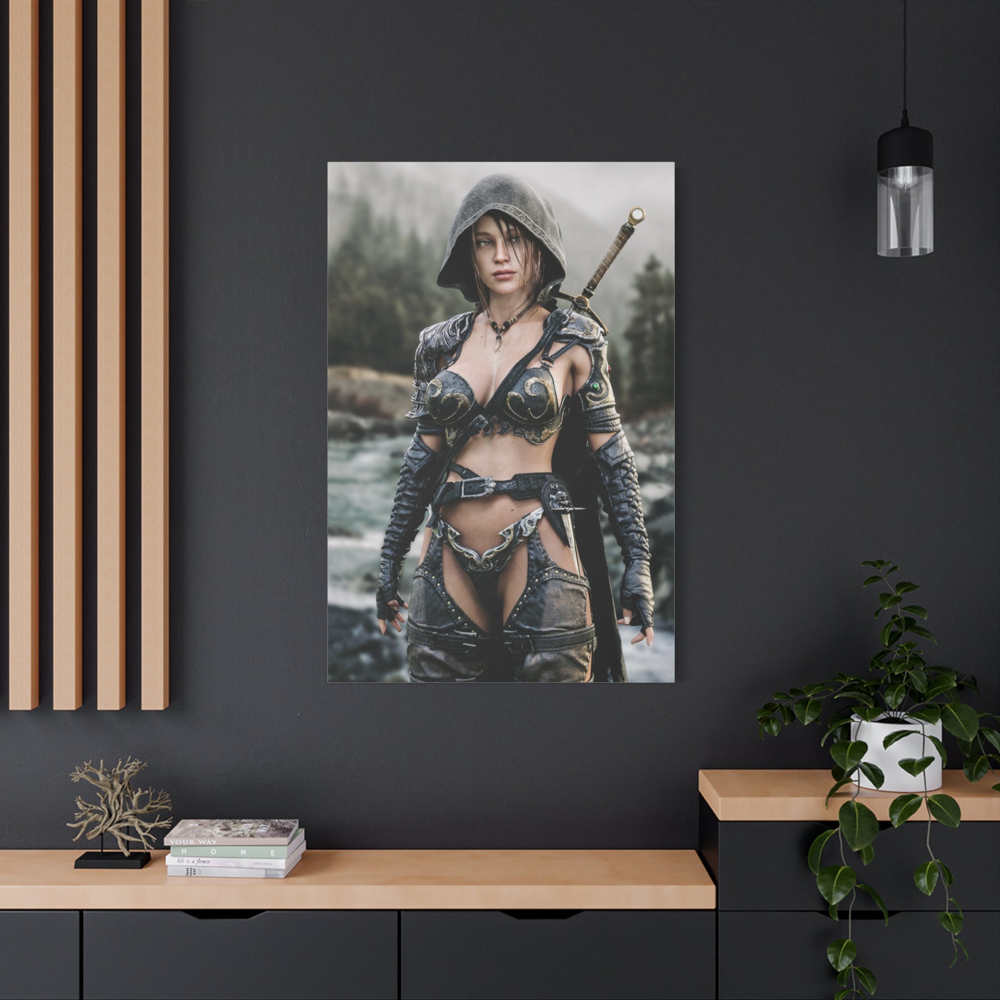 Female Warrior Ranger Fantasy Canvas Print - Matte Stretched Wall Art - No AI - Human created illustration art