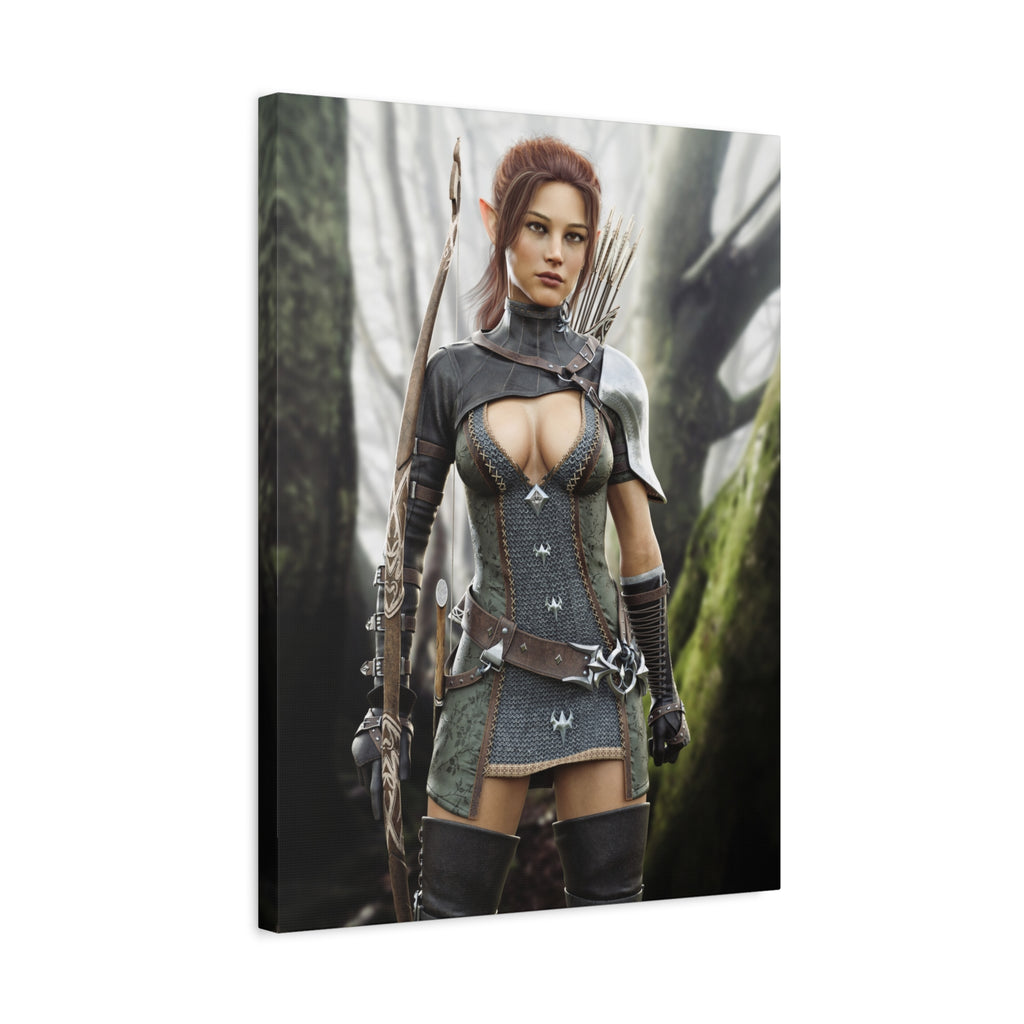 Fantasy Wood Elf Archer Warrior Canvas Print — Matte Stretched Wall Art - No Ai - human created illustration art