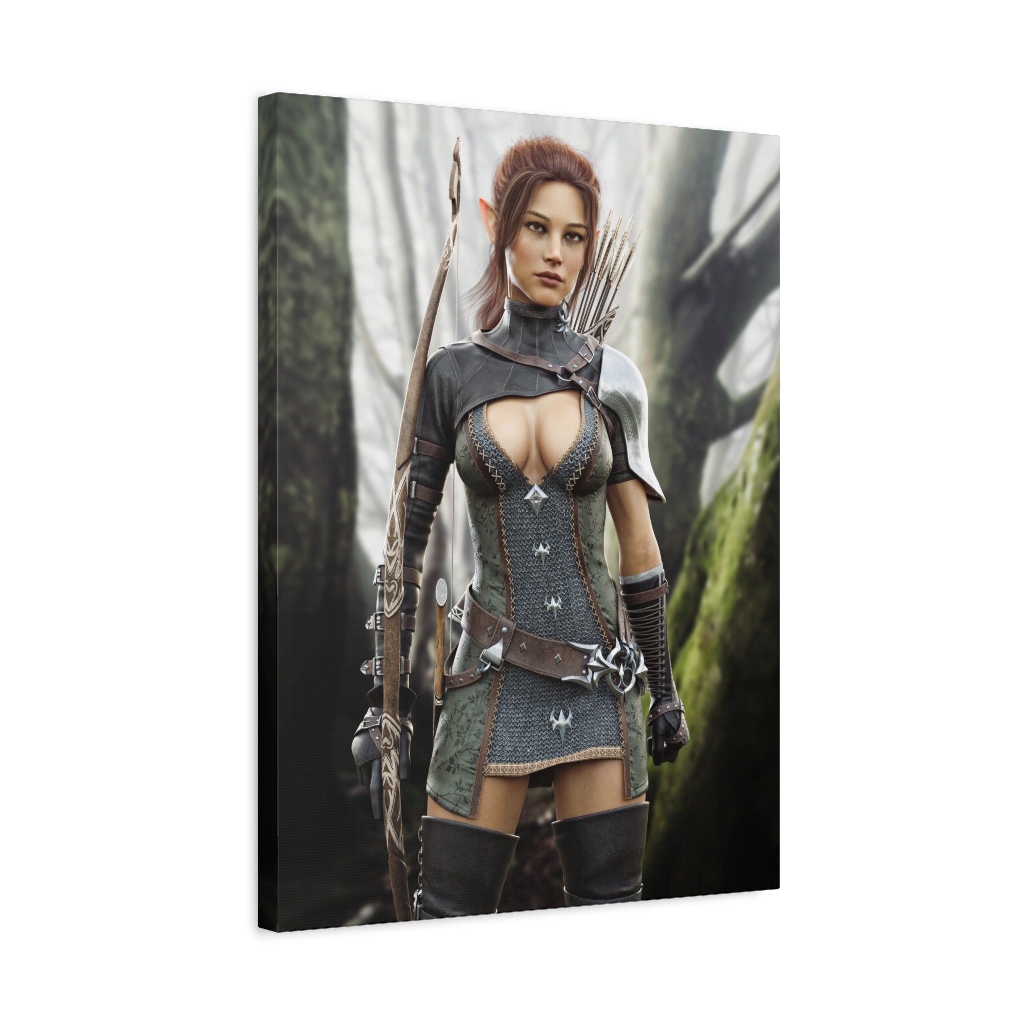 Fantasy Wood Elf Archer Warrior Canvas Print — Matte Stretched Wall Art - No Ai - human created illustration art