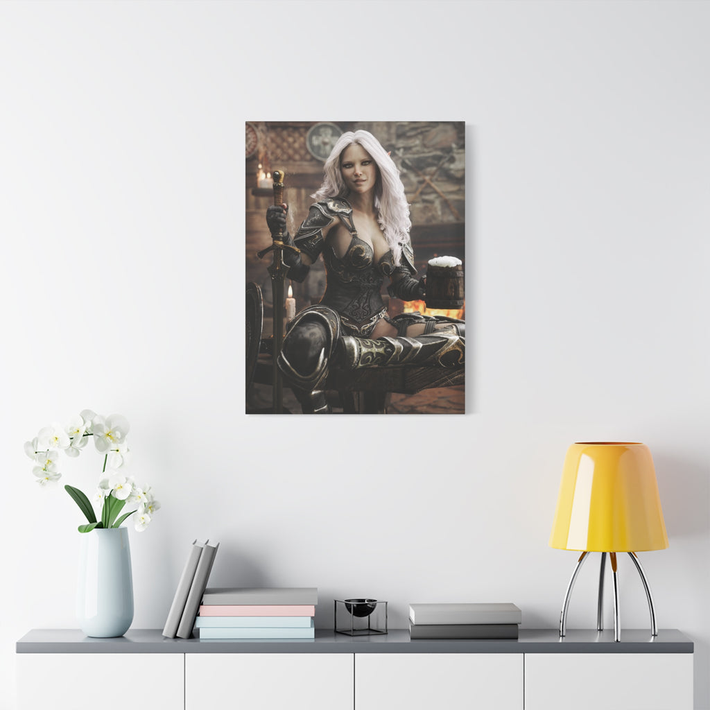 Fantasy Warrior Woman Canvas Print — Armored Dark elf in Tavern Portrait-No AI- Human created illustration art