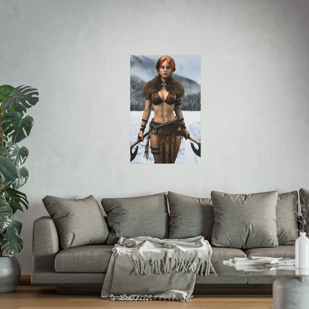 Viking Warrior Woman Fine Art Poster — Red-Haired Norse Axe Fighter Print