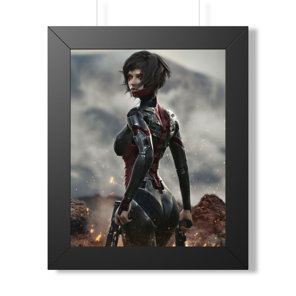 Sci-fi wall art featuring a cybernetic female assassin in advanced armor, dual pistols in hand, standing amid sparks and a futuristic battlefield.