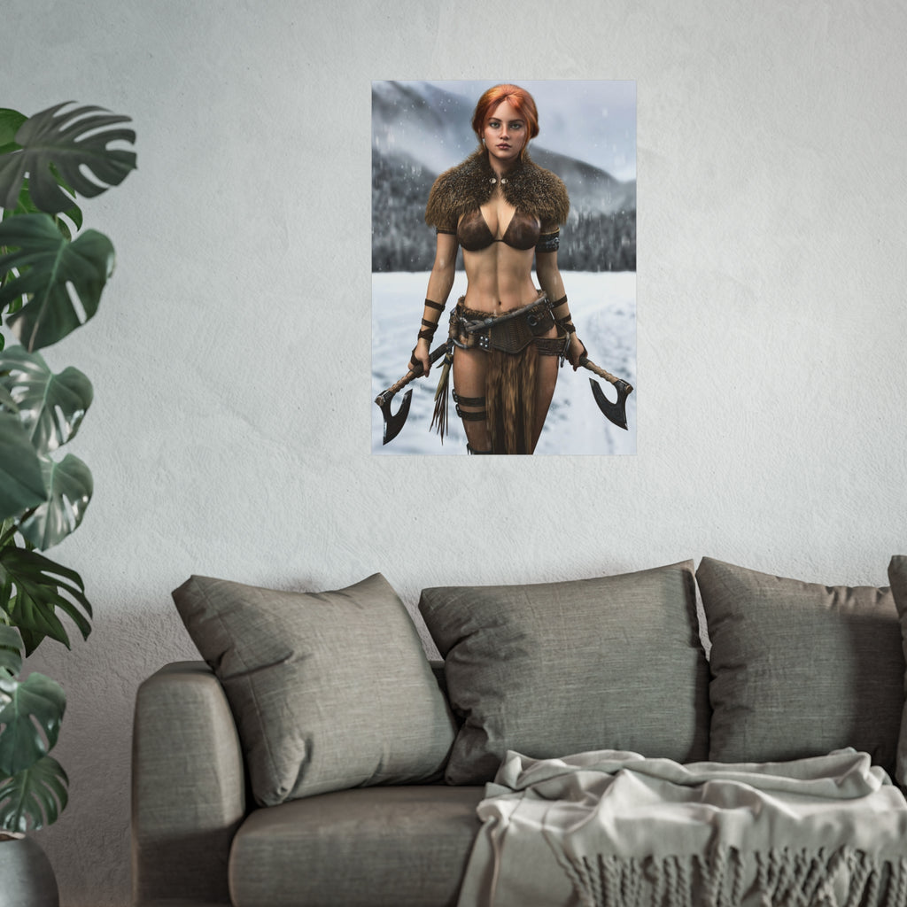 Viking Warrior Woman Fine Art Poster — Red-Haired Norse Axe Fighter Print