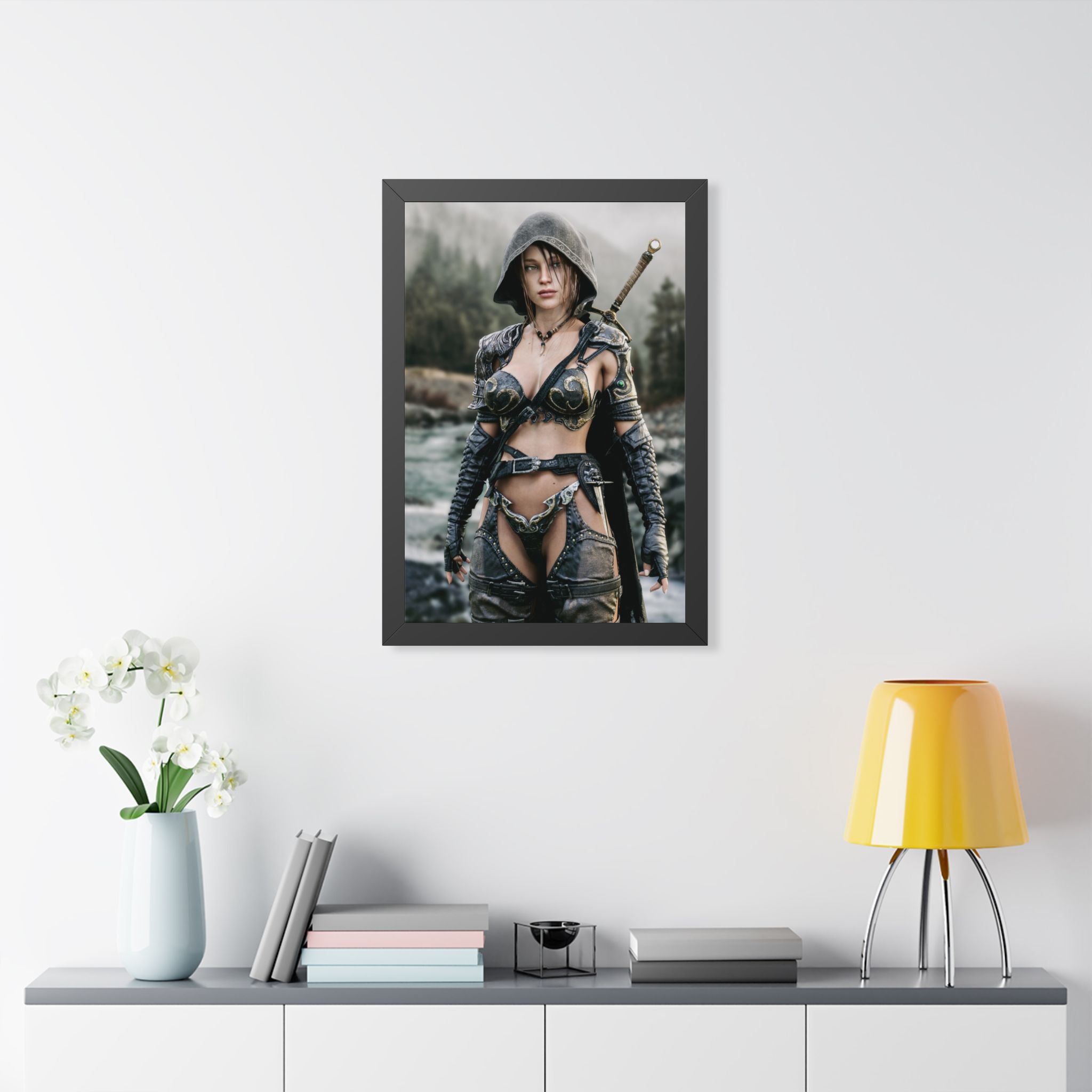 Framed Poster - Fantasy Female Ranger Warrior Art (Vertical) - No AI- Human created illustration art