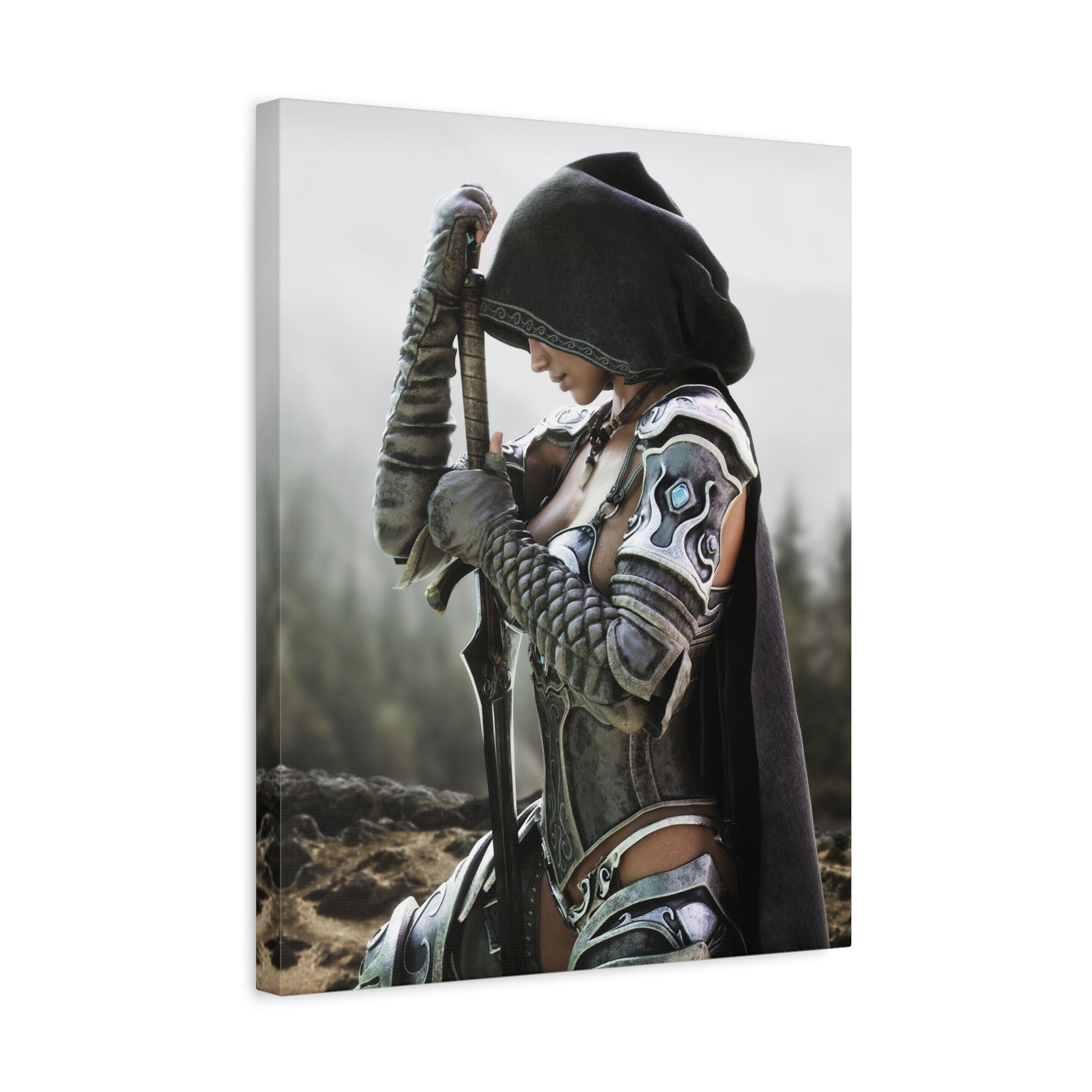 Fantasy Warrior Canvas Print — Hooded Female Knight Matte Stretched Wall Art- No AI- Human created fantasy art