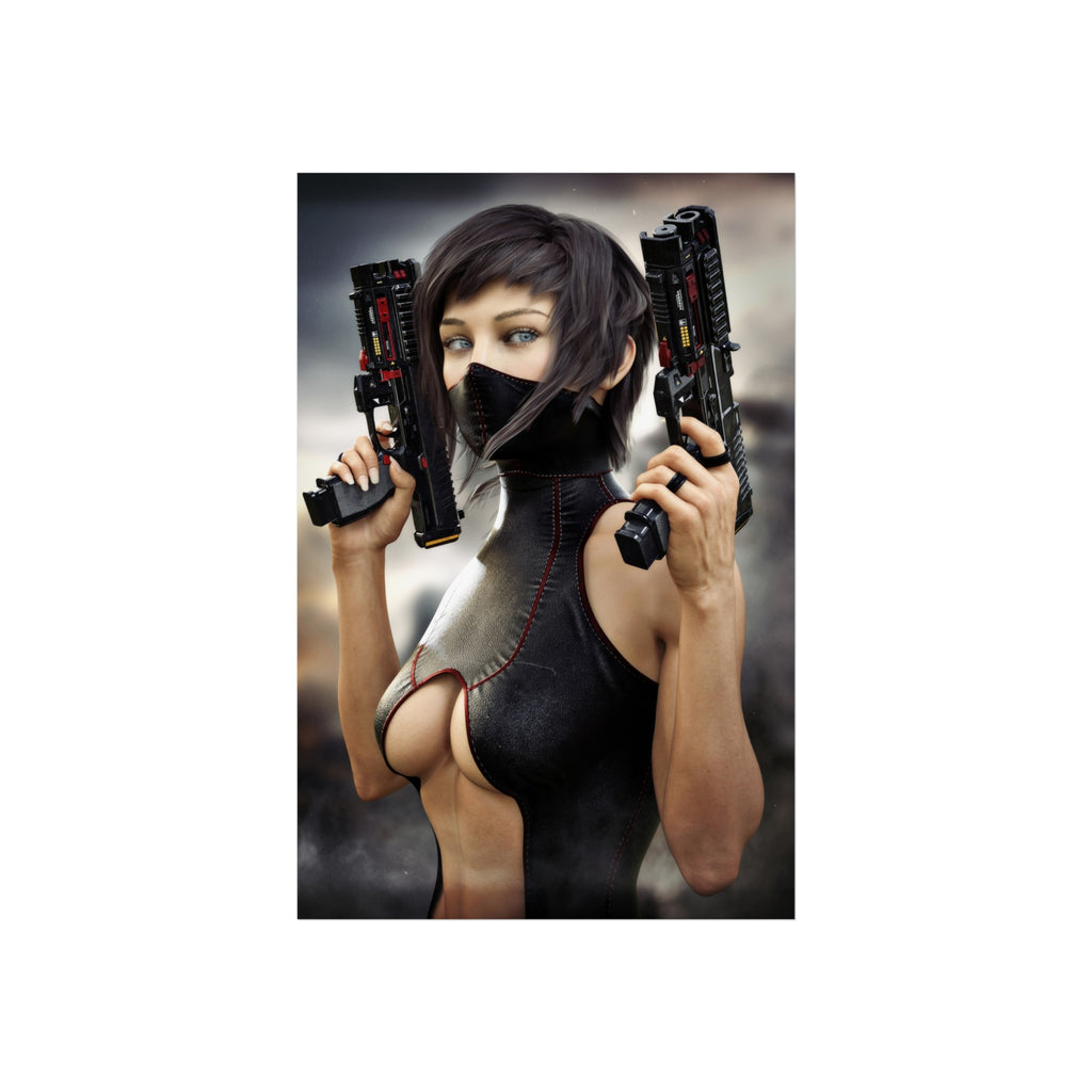 Cyberpunk Assassin Fine Art Poster — Futuristic Female Gunslinger Wall Art- No AI -Human created illustration art