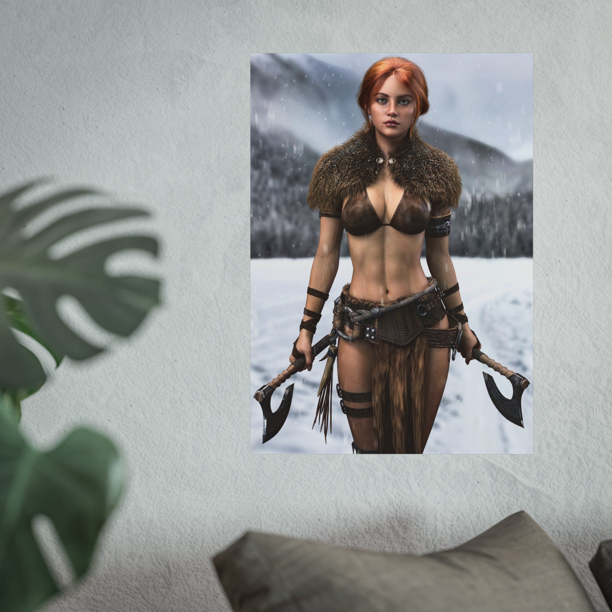 Viking Warrior Woman Fine Art Poster — Red-Haired Norse Axe Fighter Print