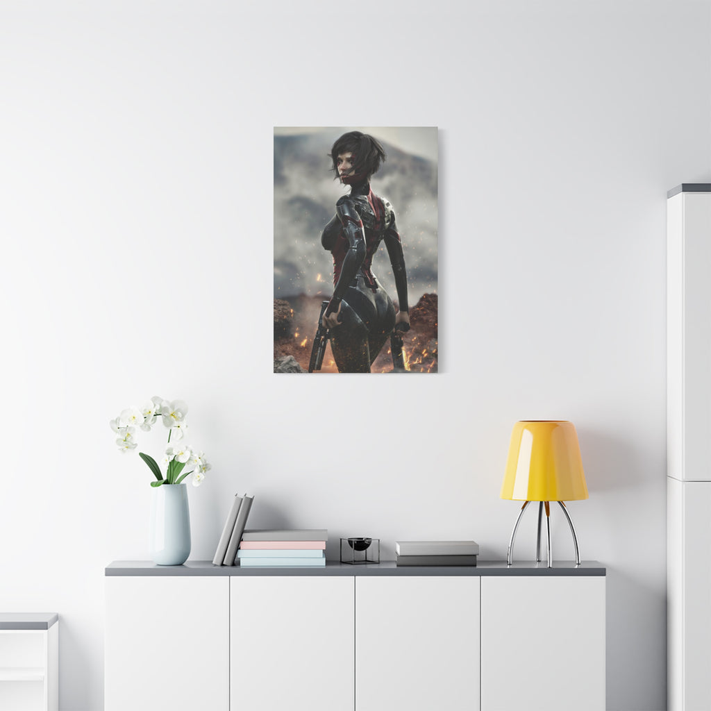Sci‑Fi Warrior Matte Canvas Print — Futuristic Female Soldier Wall Art- No AI - Human created illustration art