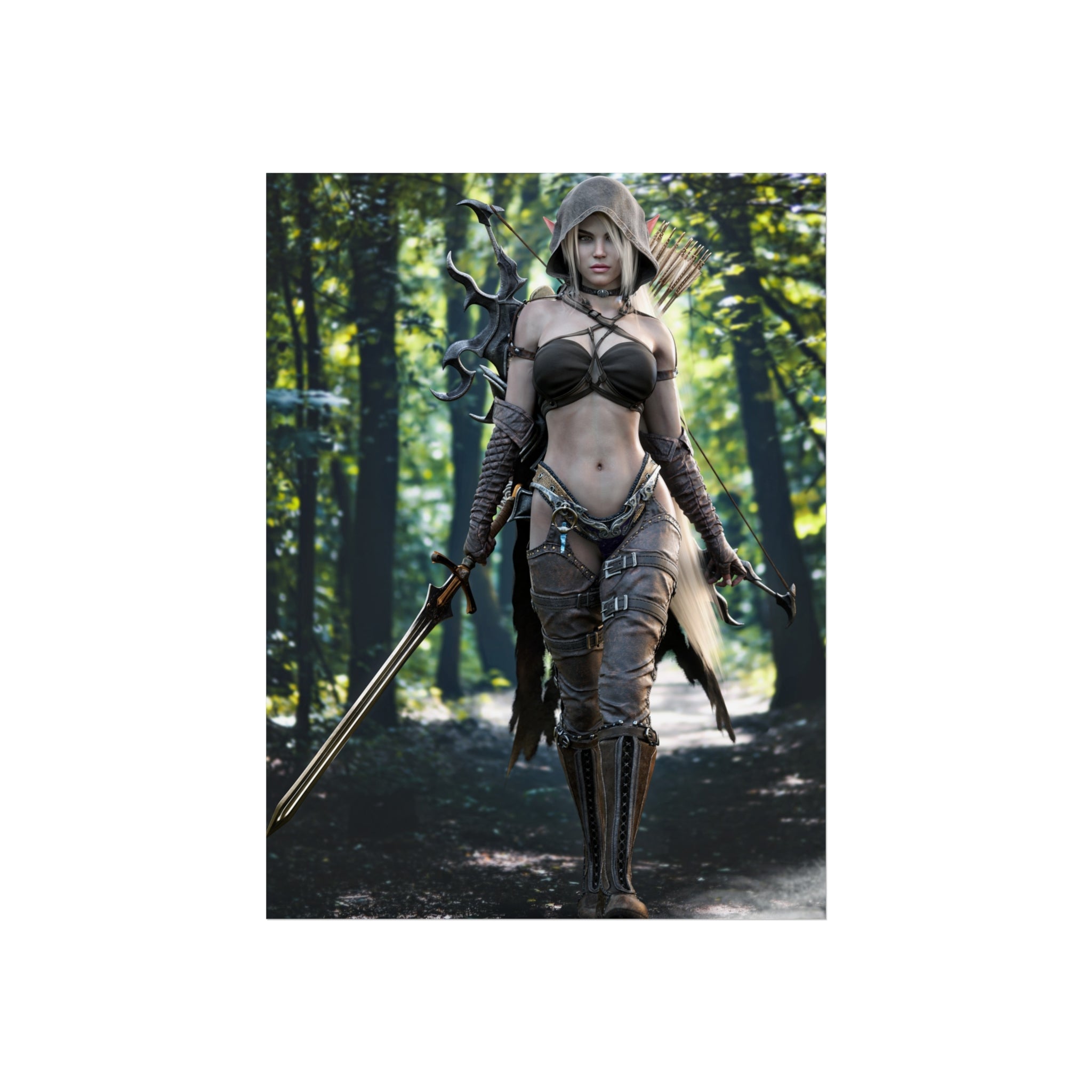 Póster de bellas artes de elfa guerrera de fantasía — Arquera cazadora en bosque encantado - Sin IA - Arte ilustrado creado por humanos