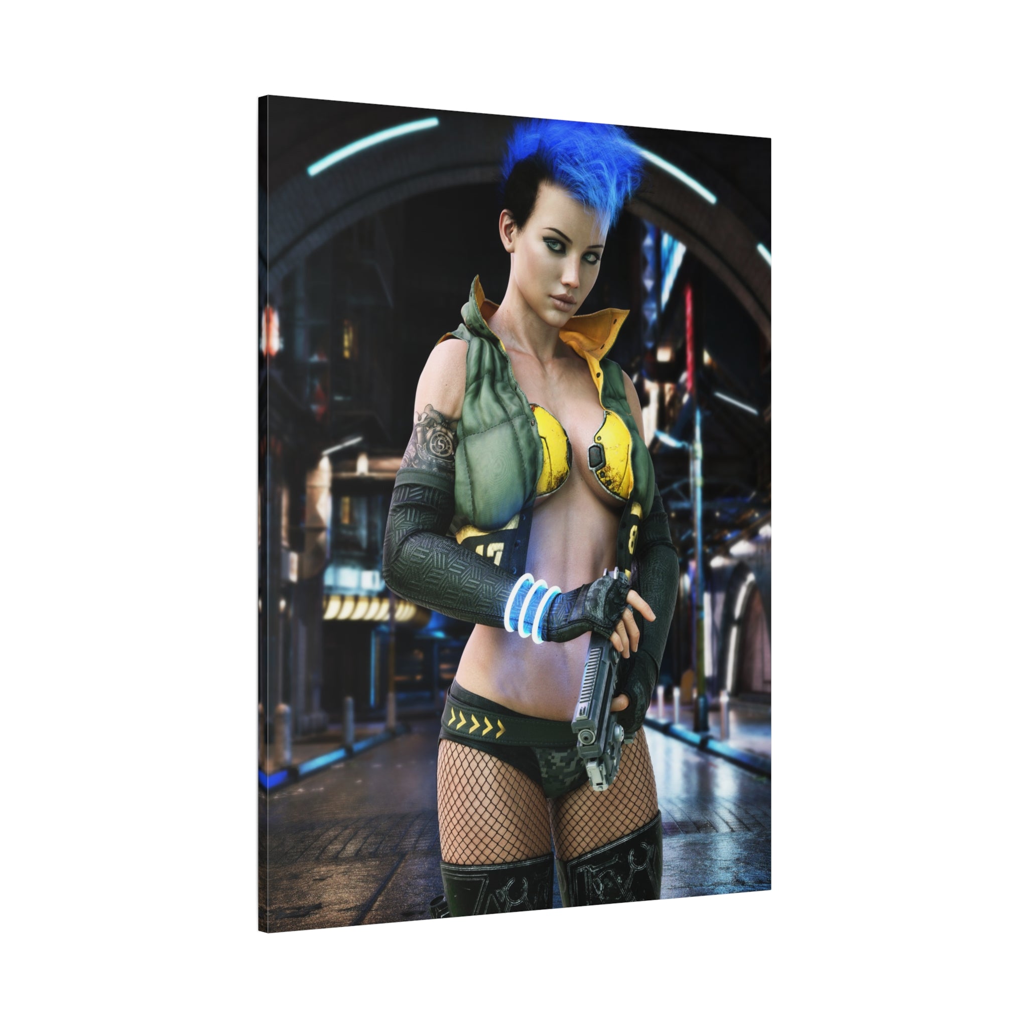 Cyberpunk Femme Fatale Canvas Print — Matte Stretched Wall Art -No AI- Human created illustration art
