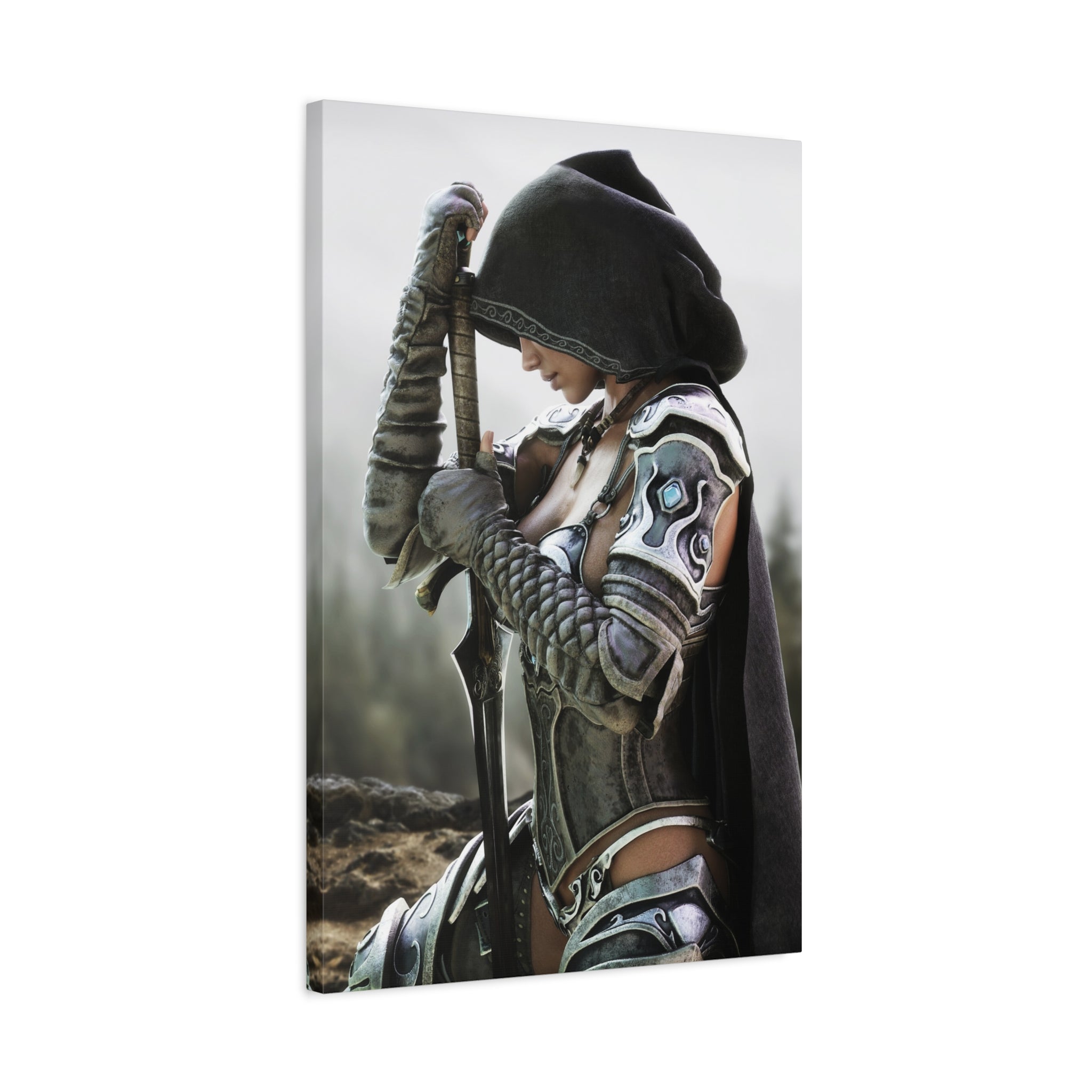 Fantasy Warrior Canvas Print — Hooded Female Knight Matte Stretched Wall Art- No AI- Human created fantasy art