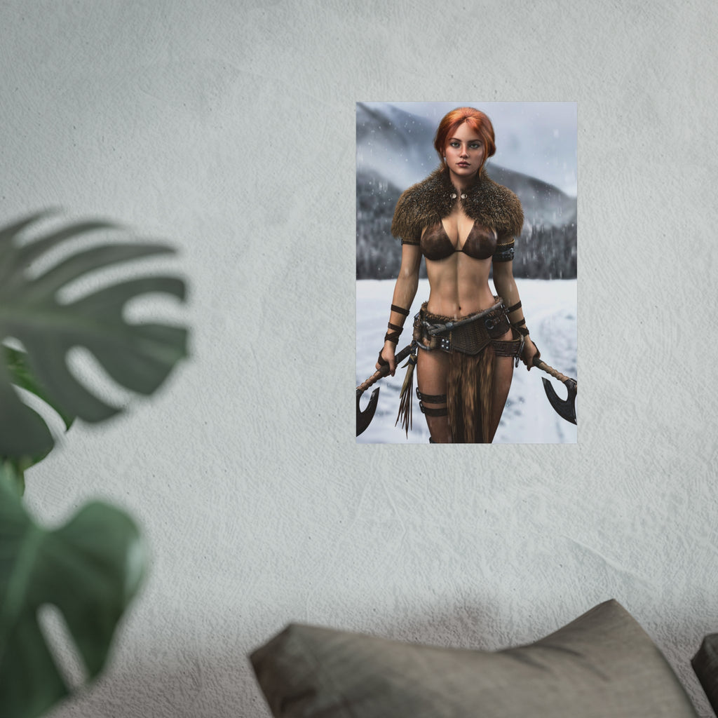 Viking Warrior Woman Fine Art Poster — Red-Haired Norse Axe Fighter Print