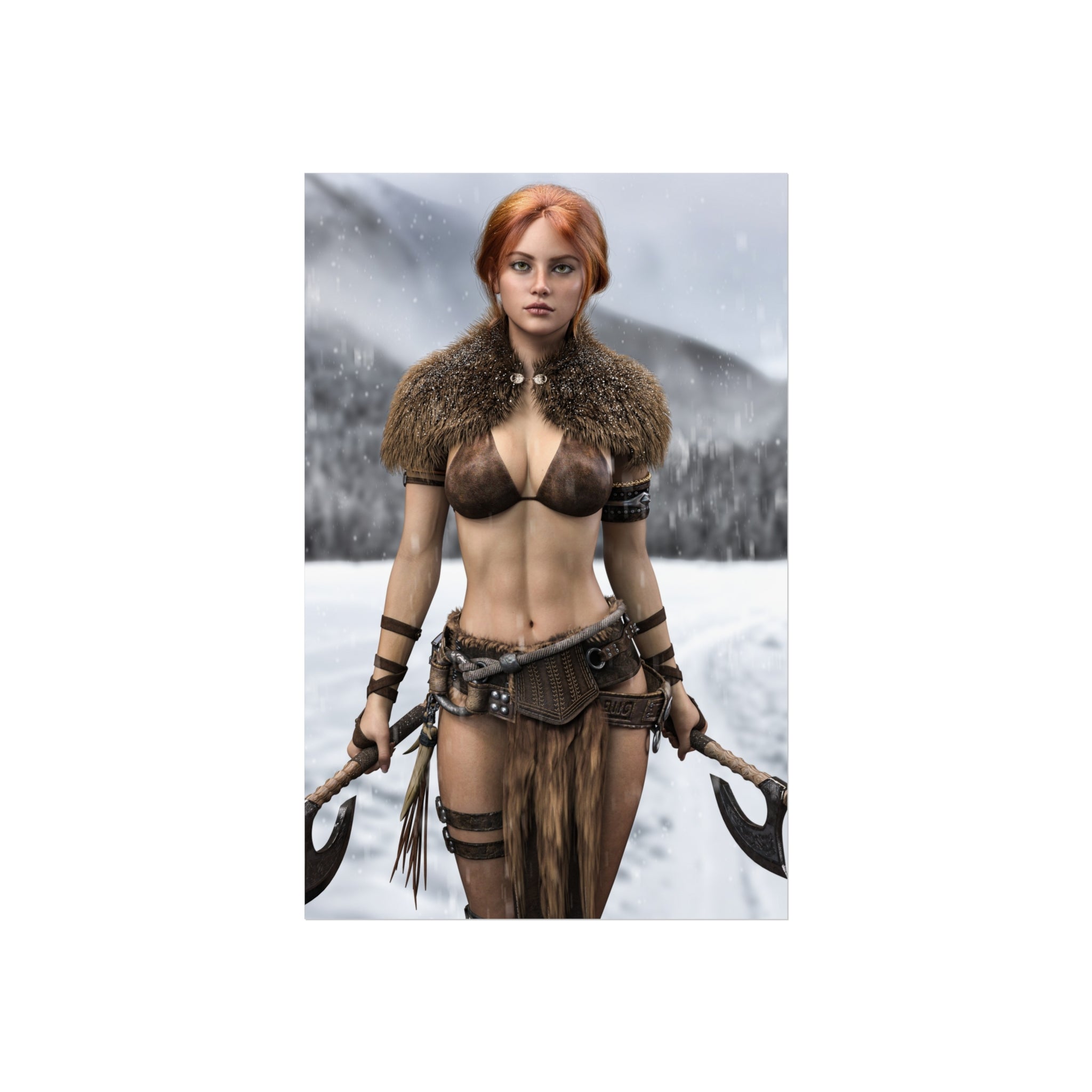 Viking Warrior Woman Fine Art Poster — Red-Haired Norse Axe Fighter Print