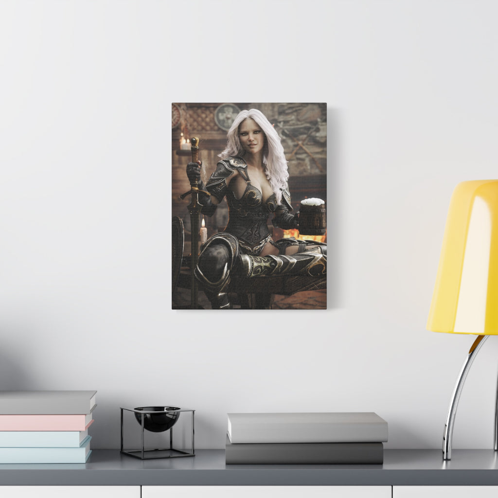 Fantasy Warrior Woman Canvas Print — Armored Dark elf in Tavern Portrait-No AI- Human created illustration art