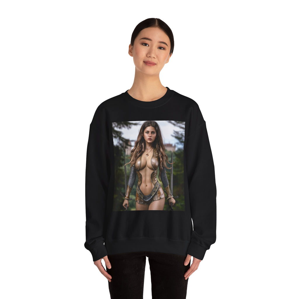 Fantasy Warrior Woman Sweatshirt — Sexy Armored Huntress Graphic Crewneck