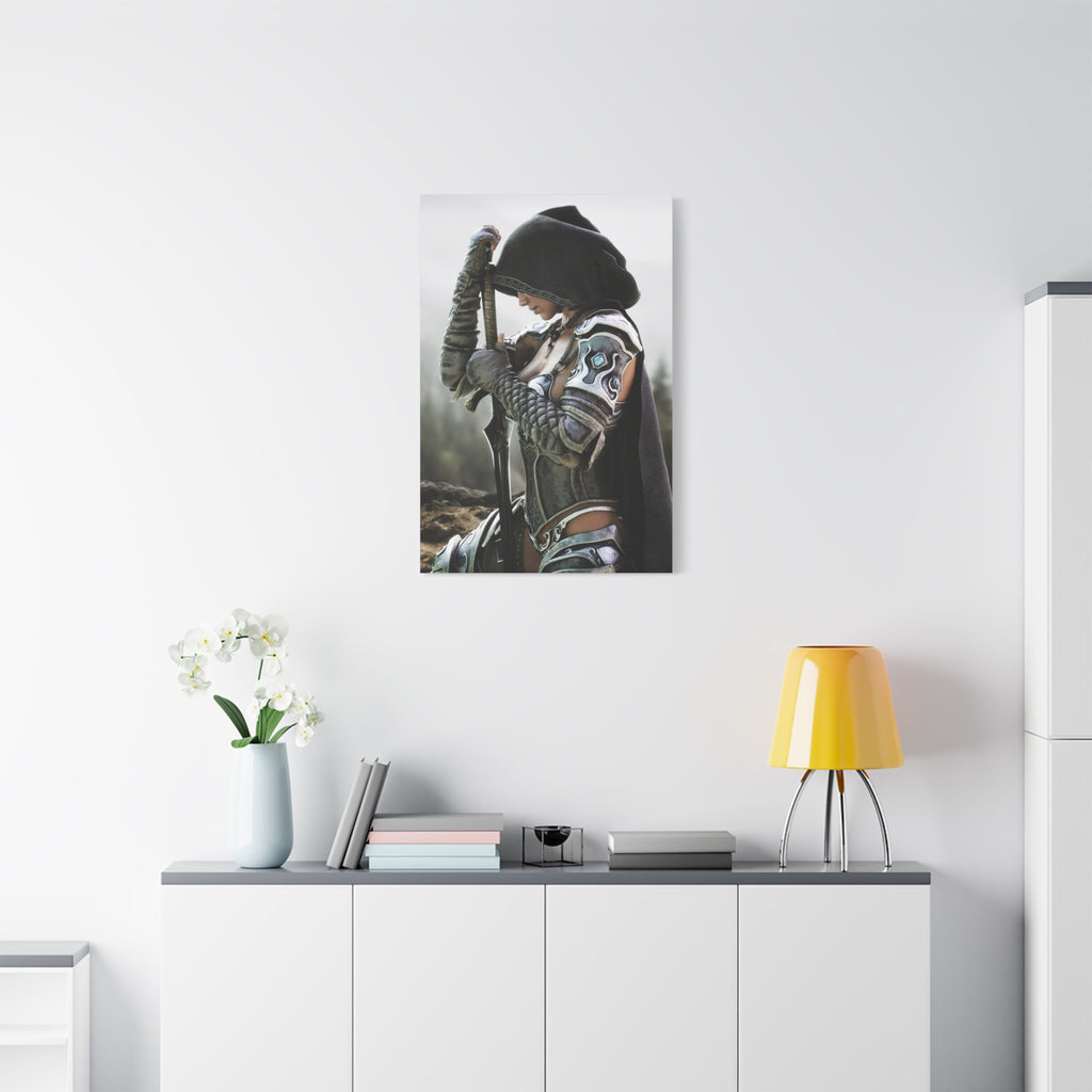 Fantasy Warrior Canvas Print — Hooded Female Knight Matte Stretched Wall Art- No AI- Human created fantasy art